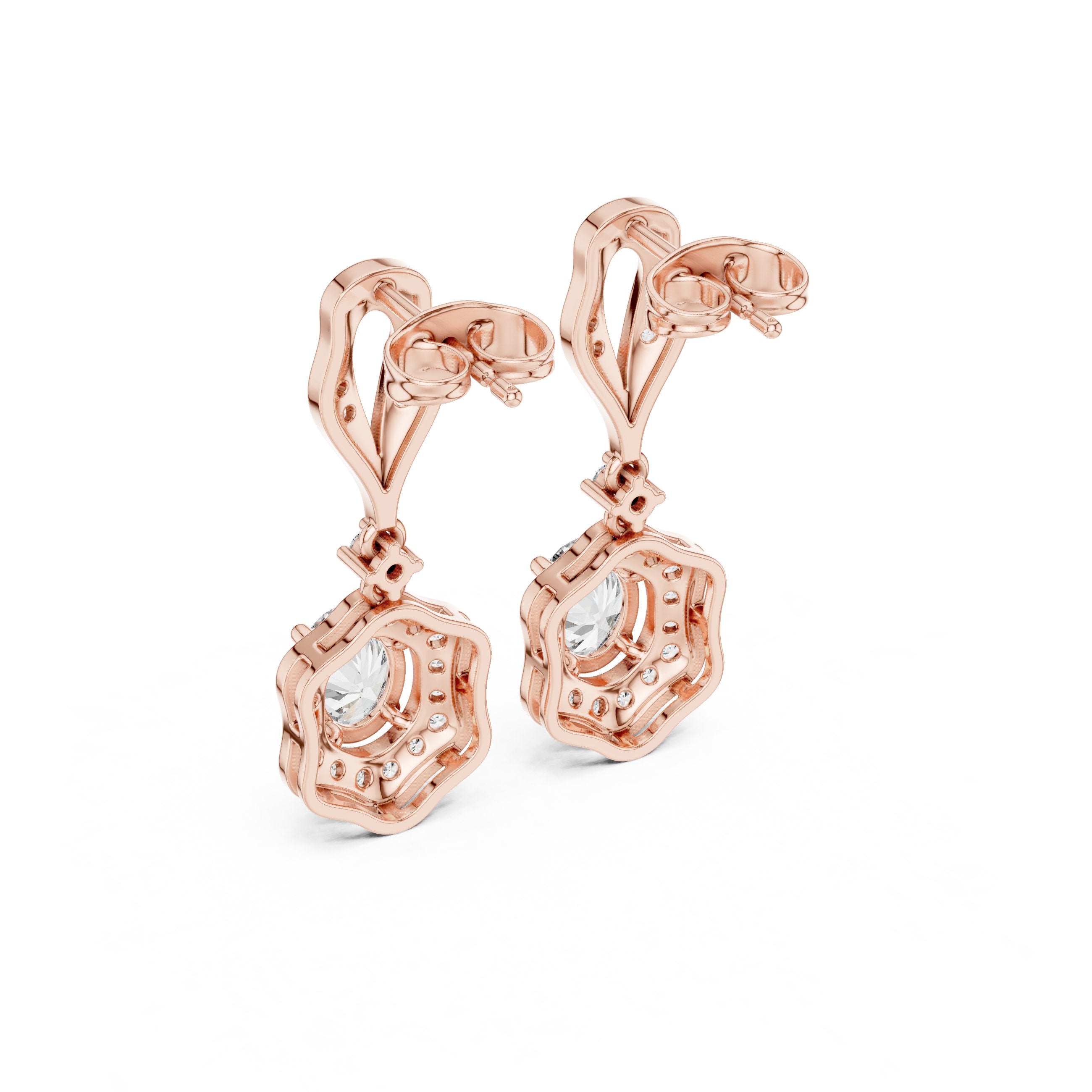 Twisted Bail Round Halo Drop Earrings in Rose Gold - VYKA Diamonds