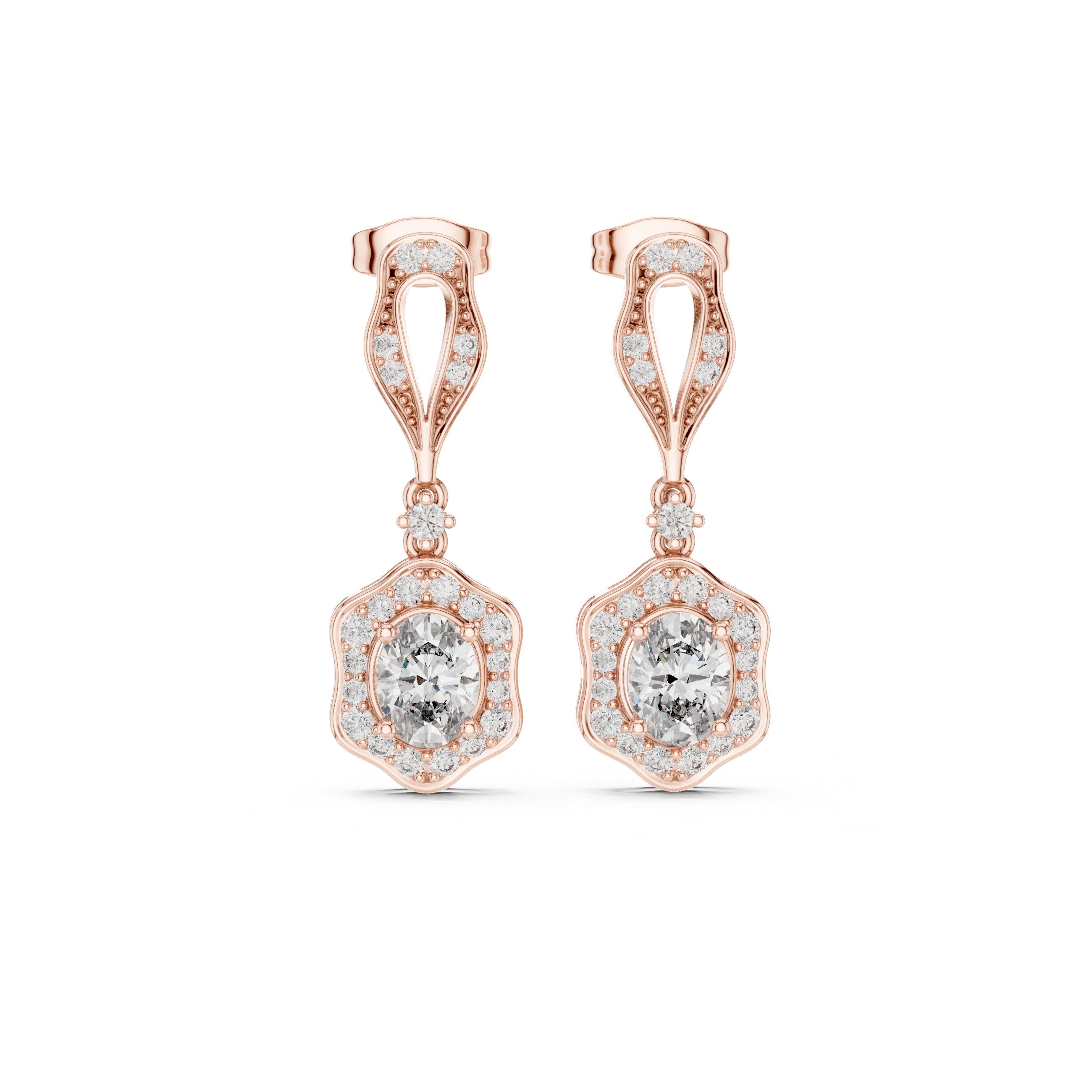 Twisted Bail Round Halo Drop Earrings in Rose Gold - VYKA Diamonds