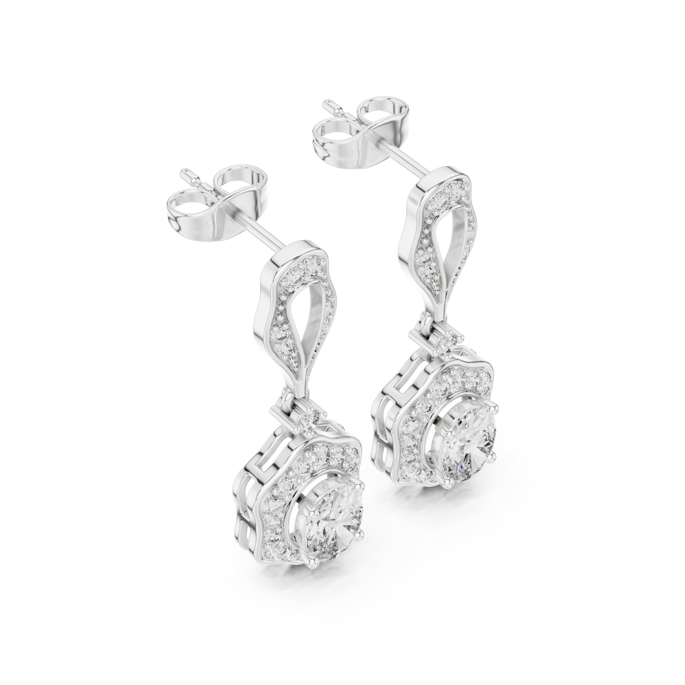 Twisted Bail Round Halo Drop Earrings in White Gold - VYKA Diamonds