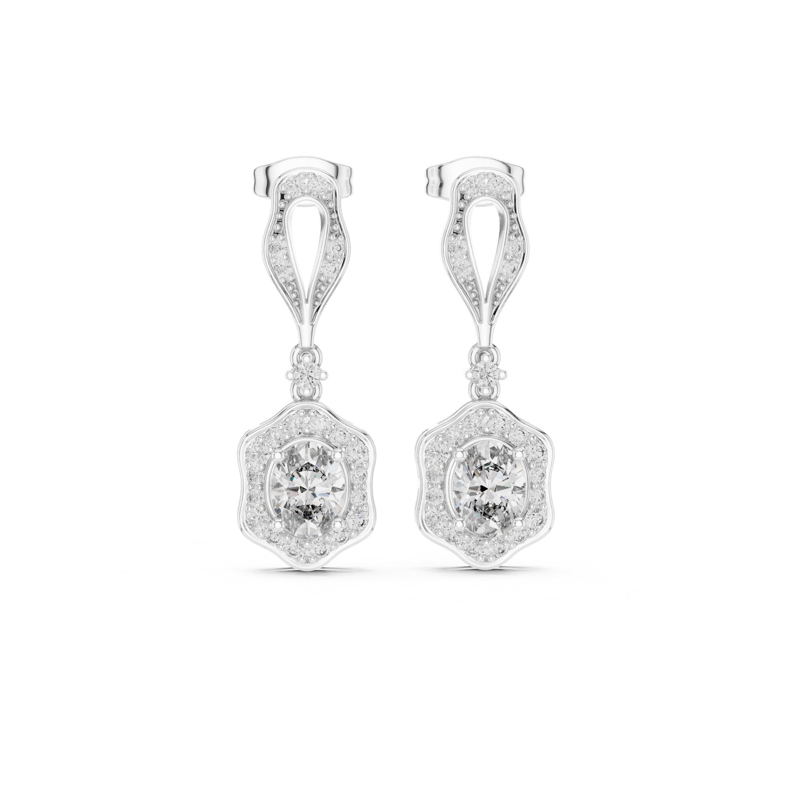 Twisted Bail Round Halo Drop Earrings in White Gold - VYKA Diamonds
