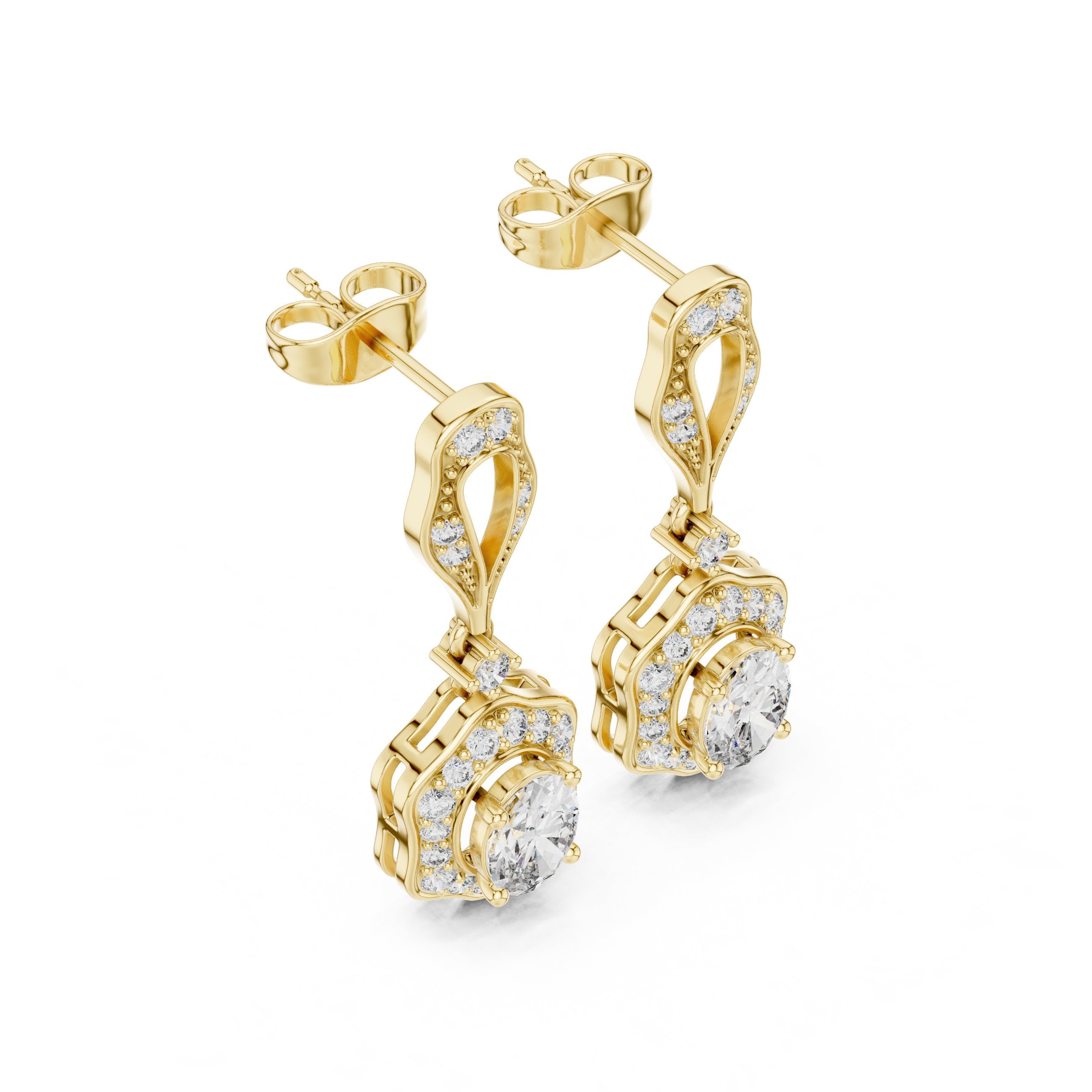 Twisted Bail Round Halo Drop Earrings in Yellow Gold - VYKA Diamonds
