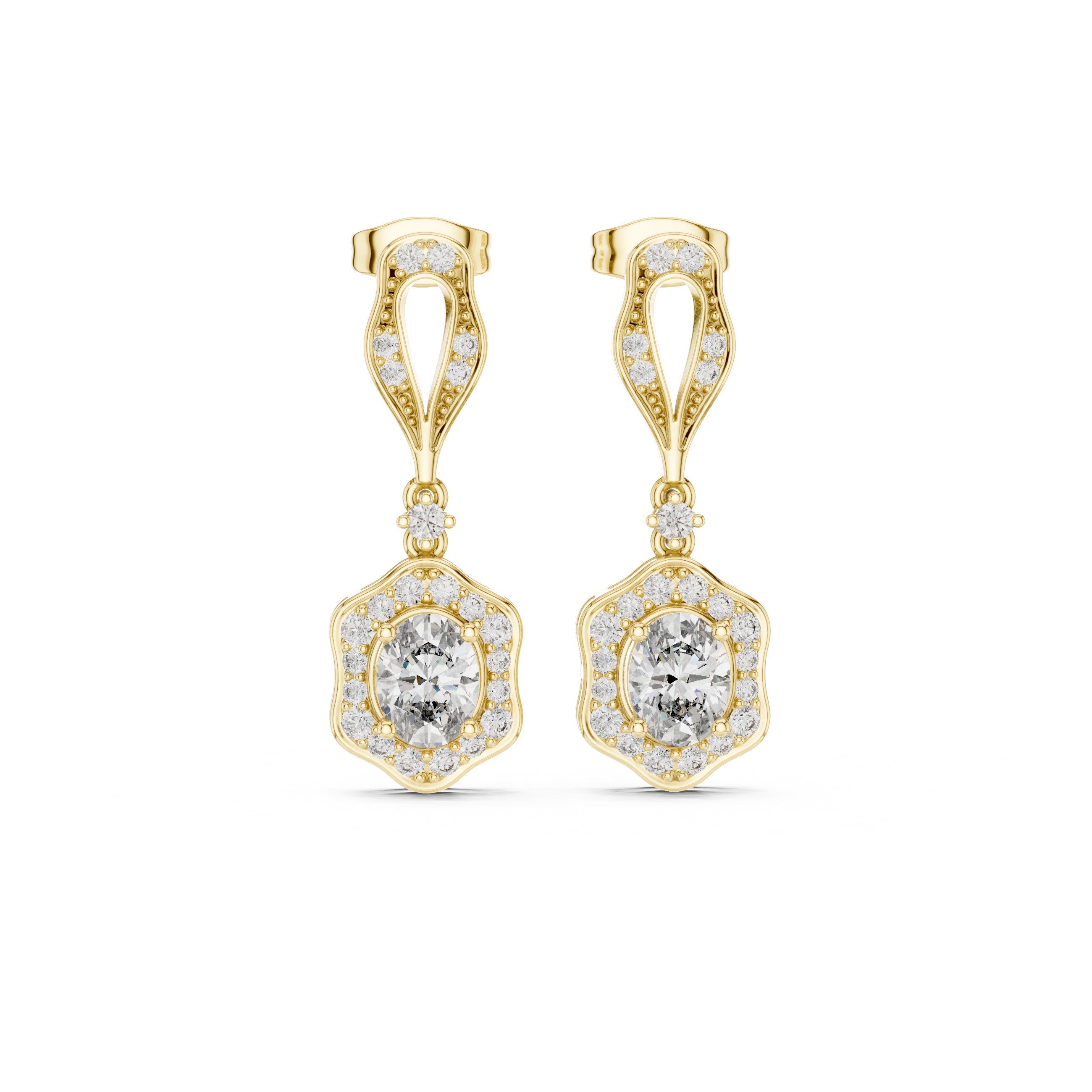 Twisted Bail Round Halo Drop Earrings in Yellow Gold - VYKA Diamonds