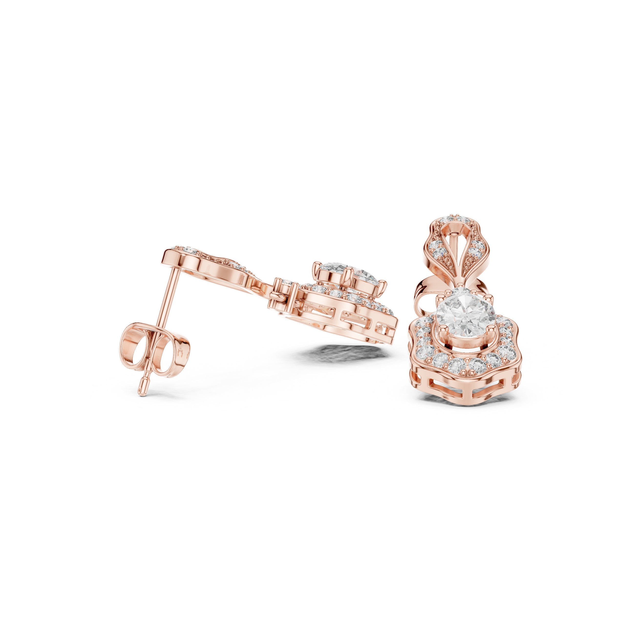 Twisted Bail Round Halo Drop Earrings in Rose Gold - VYKA Diamonds