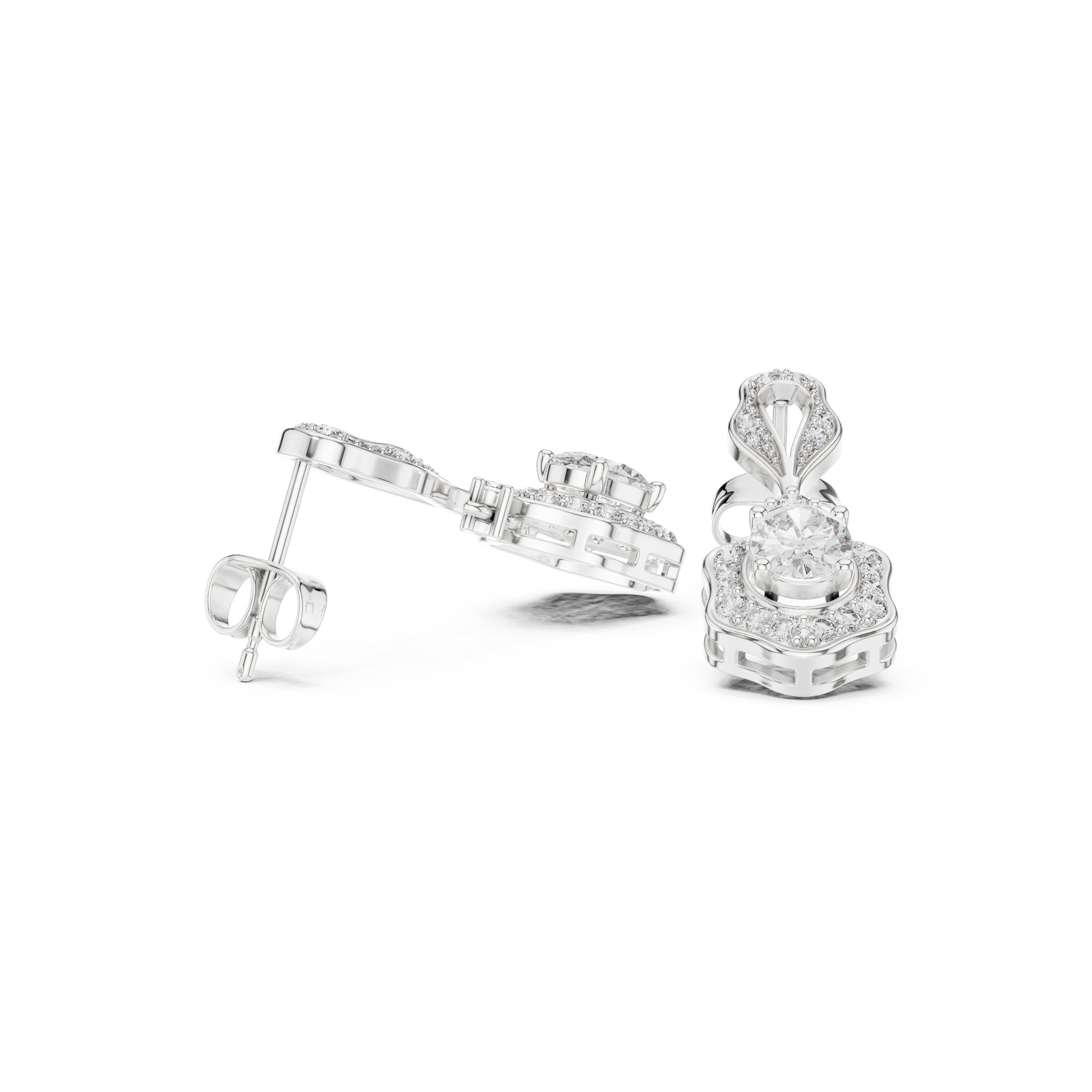 Twisted Bail Round Halo Drop Earrings in White Gold - VYKA Diamonds