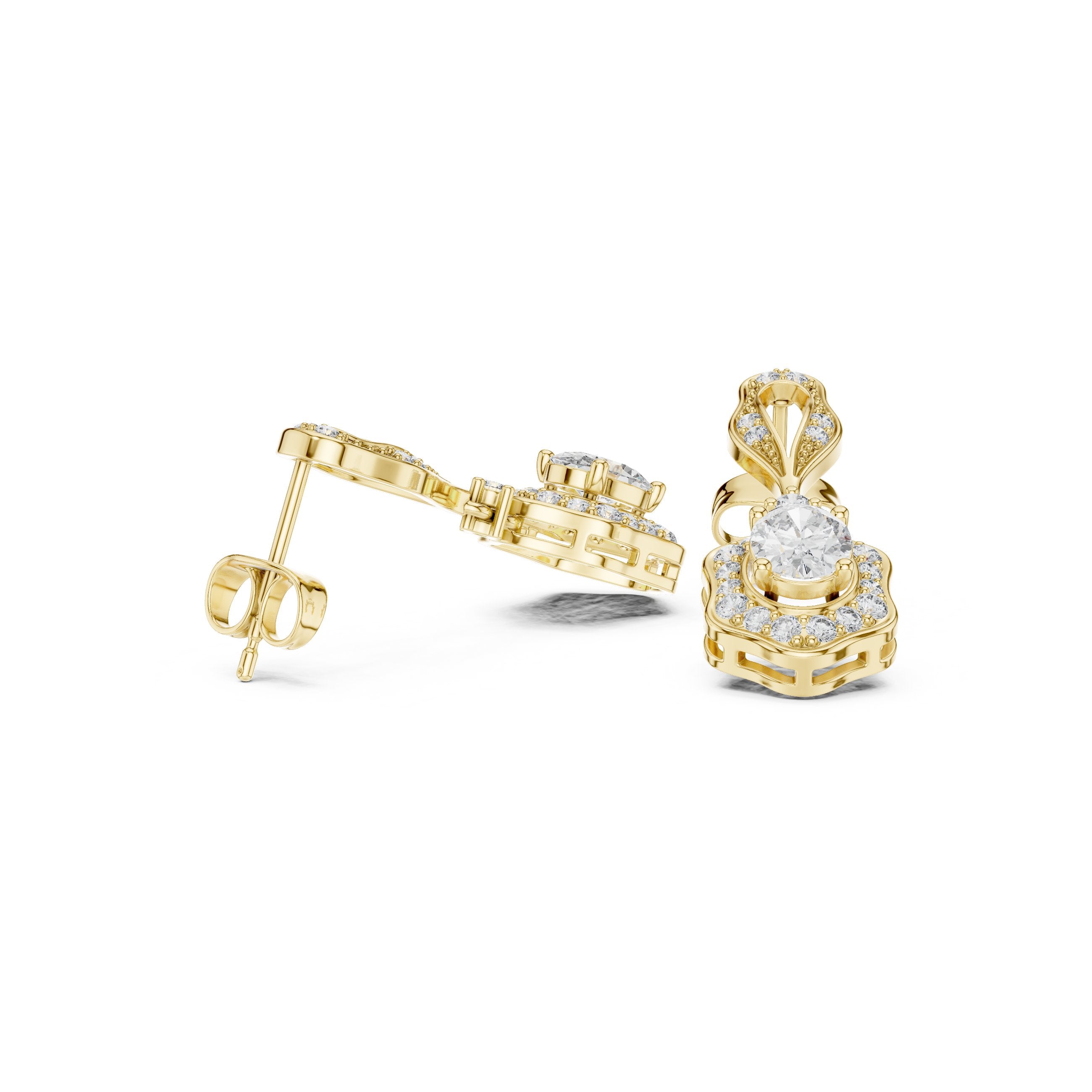 Twisted Bail Round Halo Drop Earrings in Yellow Gold - VYKA Diamonds
