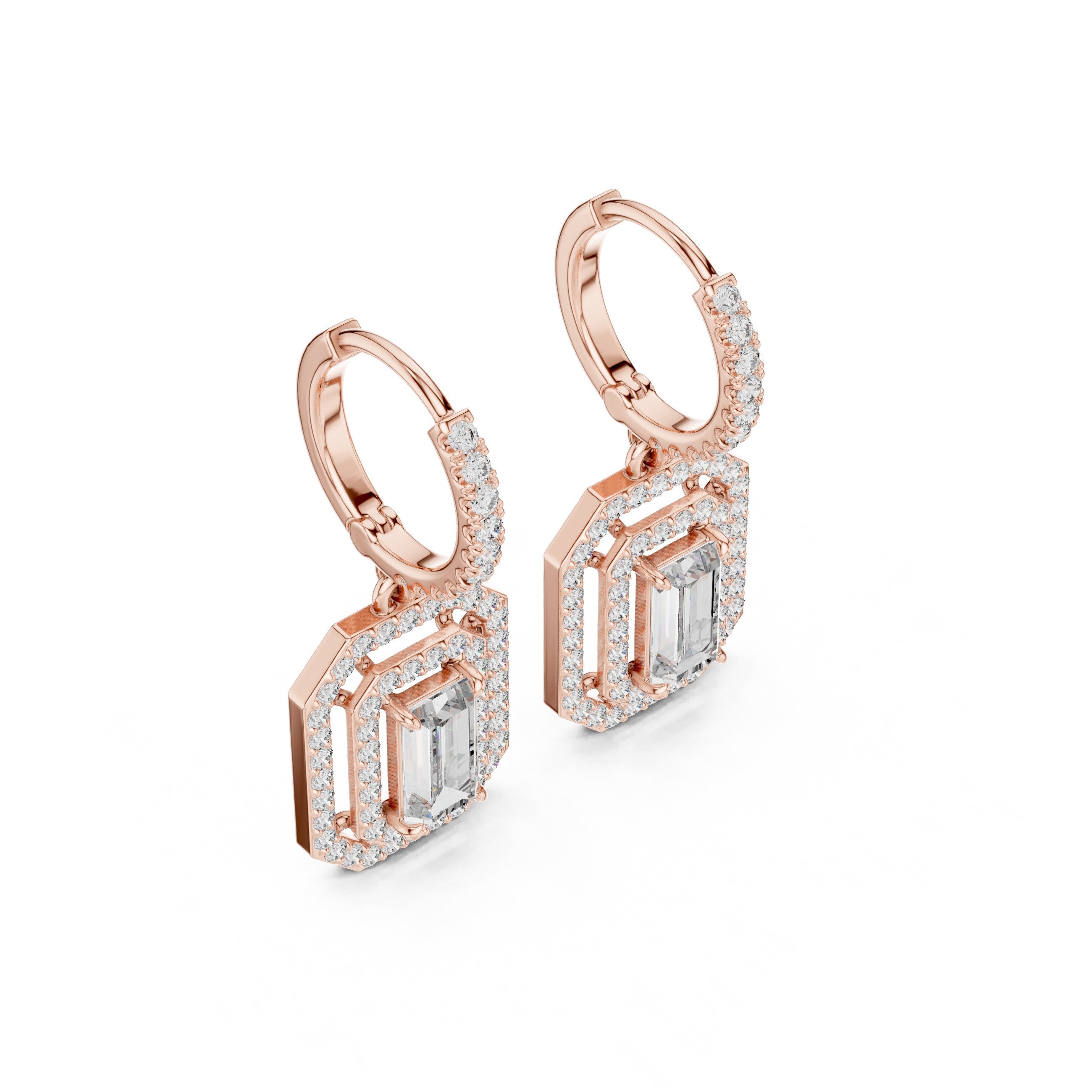Emerald Double Halo Huggie Drop Earrings in Rose Gold - VYKA Diamonds