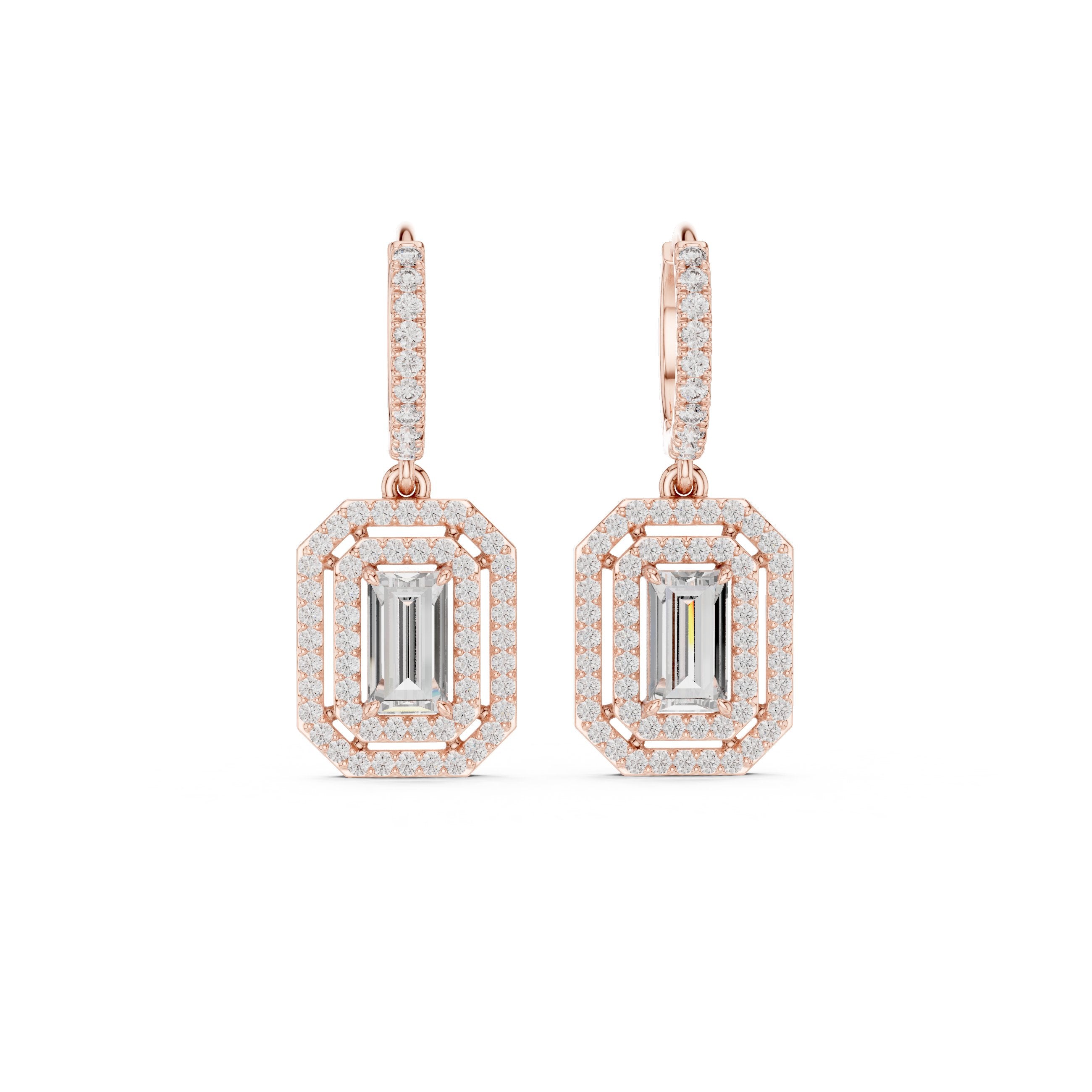 Emerald Double Halo Huggie Drop Earrings in Rose Gold - VYKA Diamonds