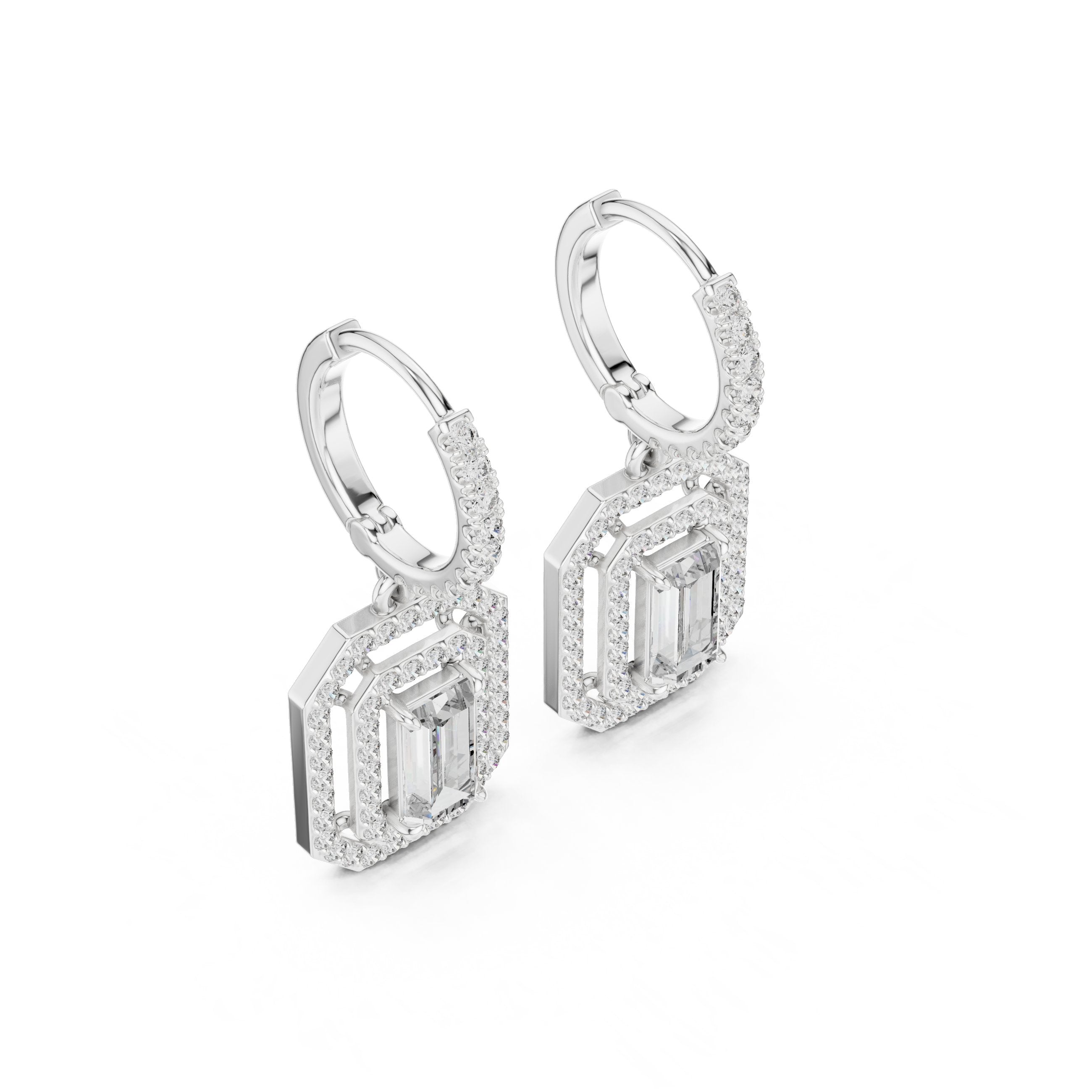 Emerald Double Halo Huggie Drop Earrings in White Gold - VYKA Diamonds