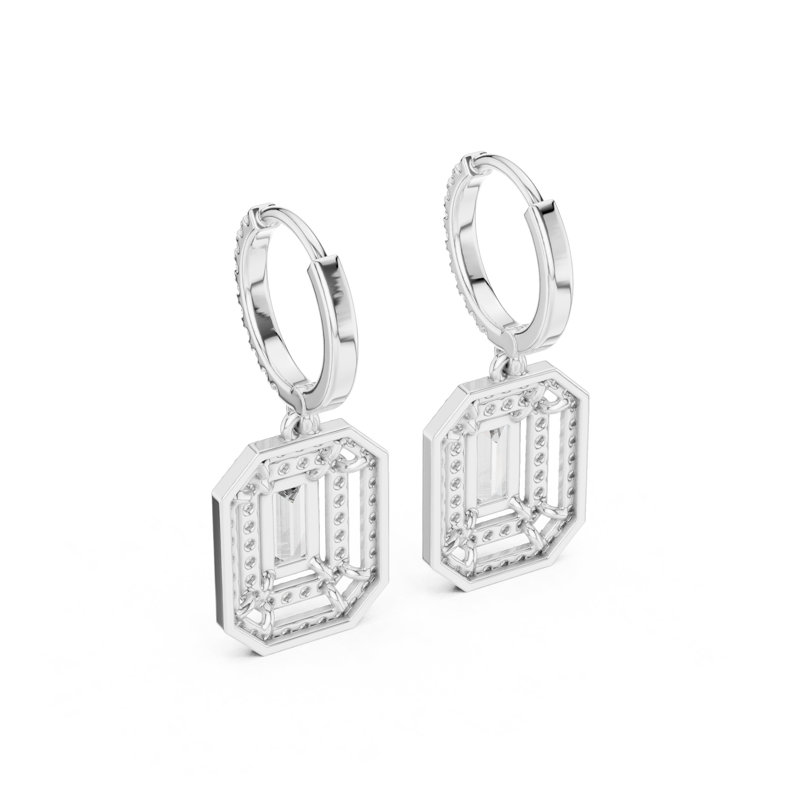 Emerald Double Halo Huggie Drop Earrings in White Gold - VYKA Diamonds