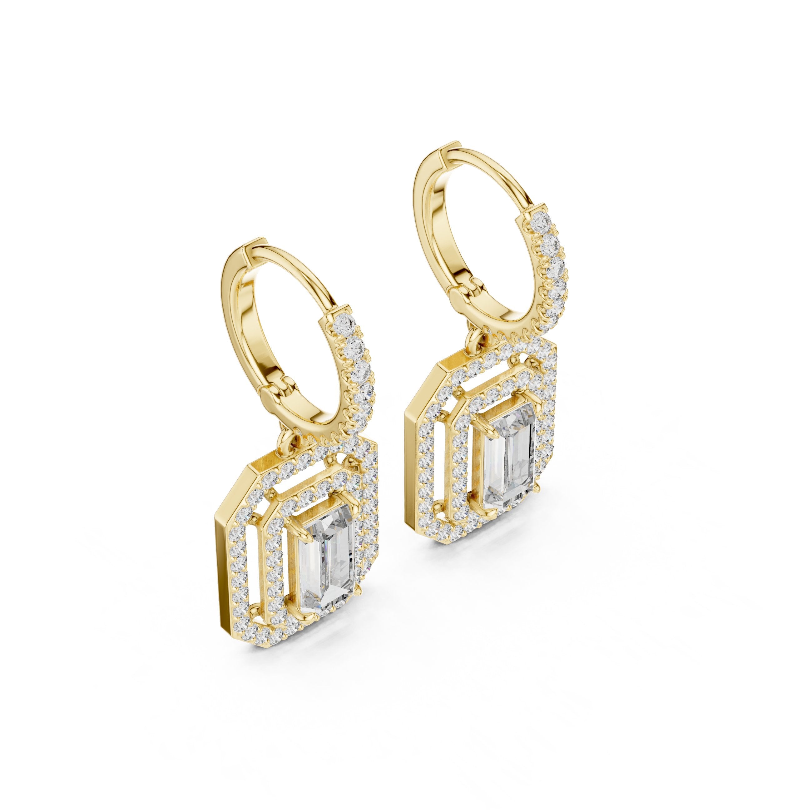 Emerald Double Halo Huggie Drop Earrings in Yellow Gold - VYKA Diamonds