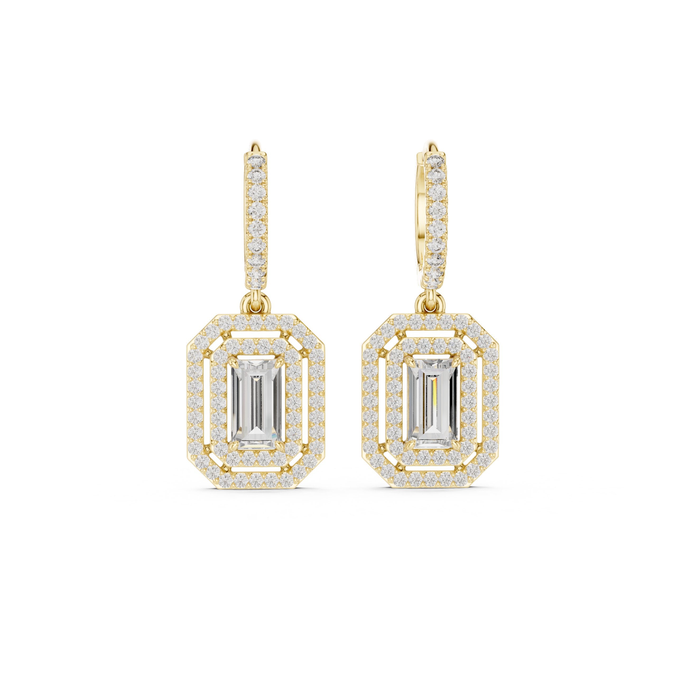 Emerald Double Halo Huggie Drop Earrings in Yellow Gold - VYKA Diamonds