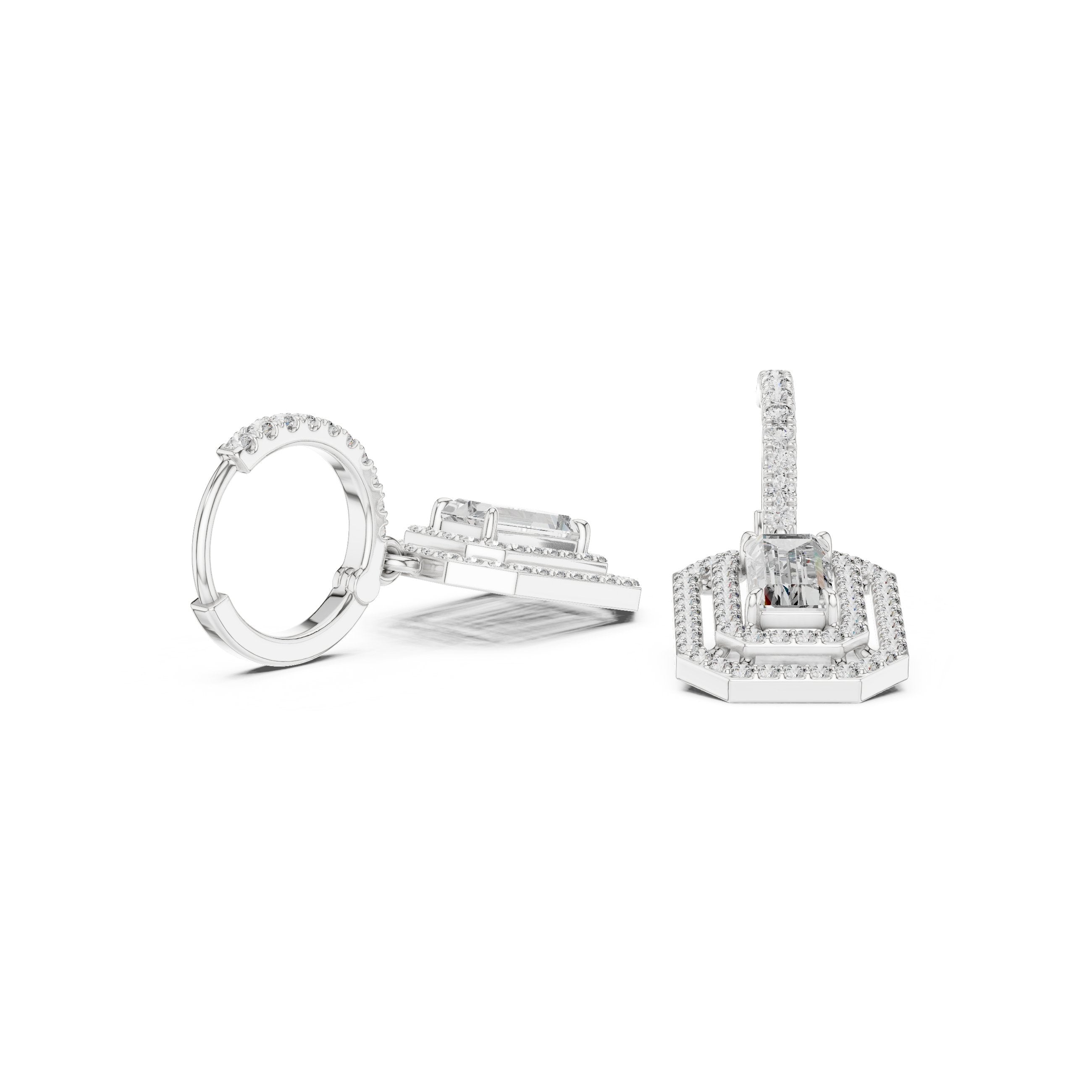 Emerald Double Halo Huggie Drop Earrings in White Gold - VYKA Diamonds