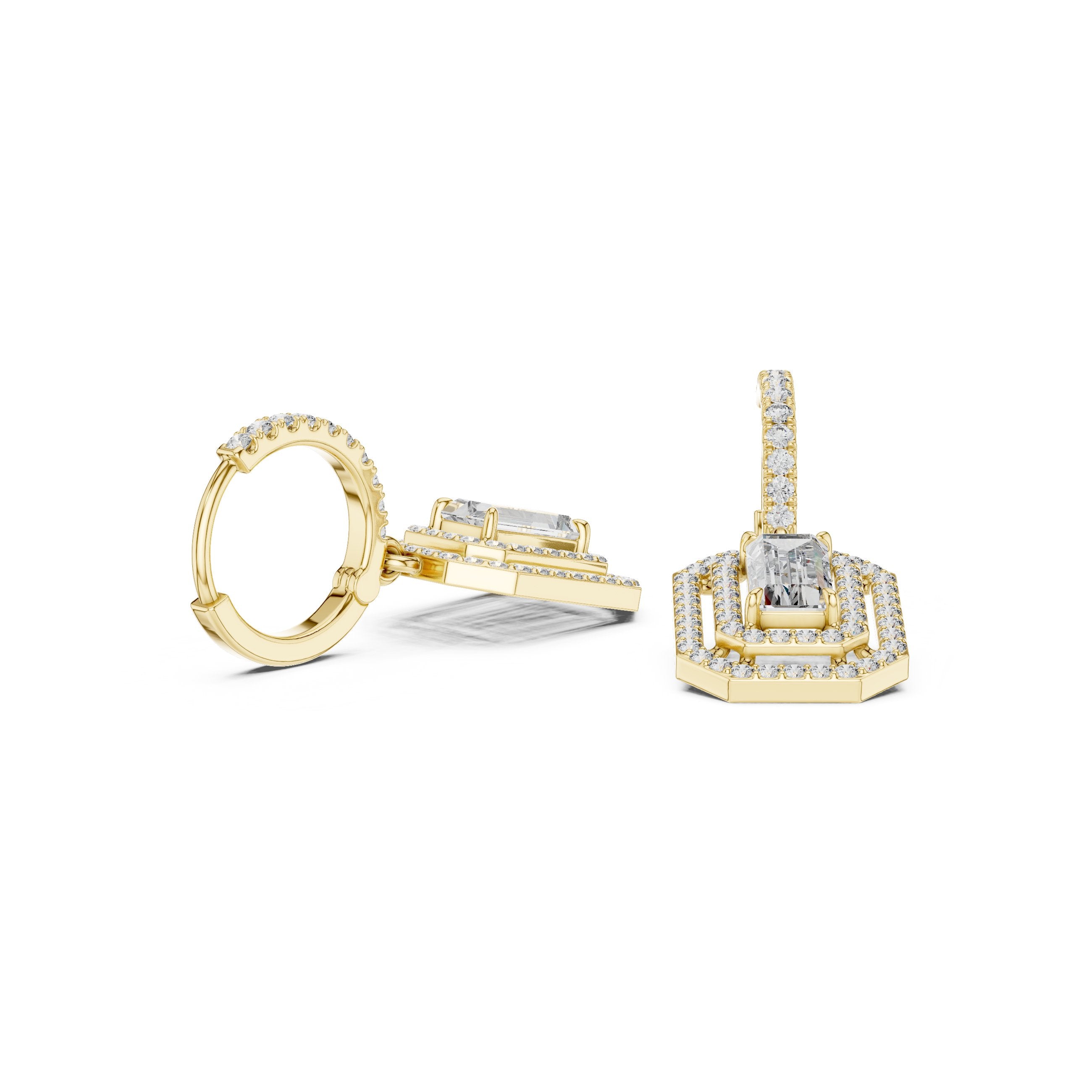 Emerald Double Halo Huggie Drop Earrings in Yellow Gold - VYKA Diamonds
