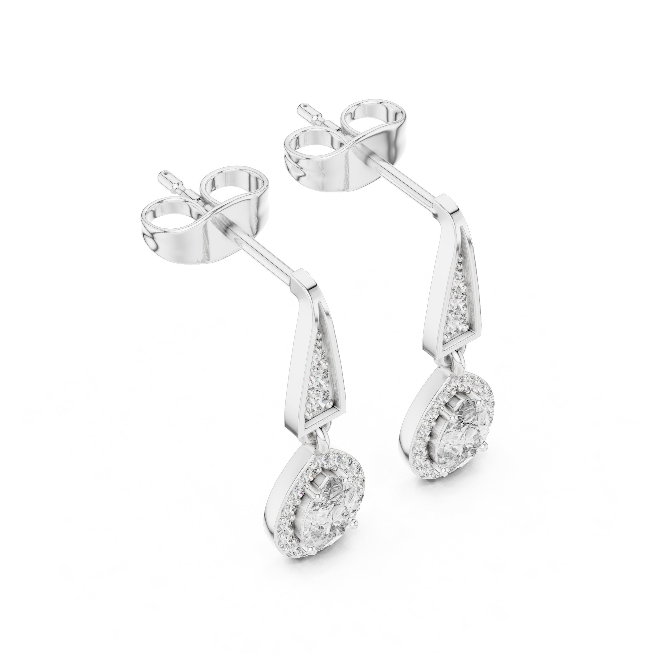 Angular Bail Round Halo Drop Earrings in White Gold - VYKA Diamonds