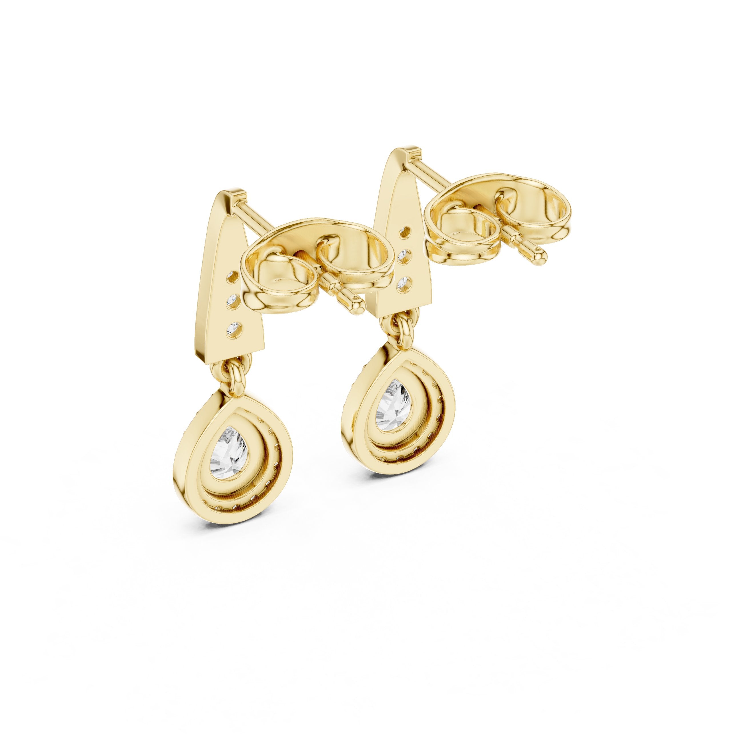 Angular Bail Round Halo Drop Earrings in Yellow Gold - VYKA Diamonds
