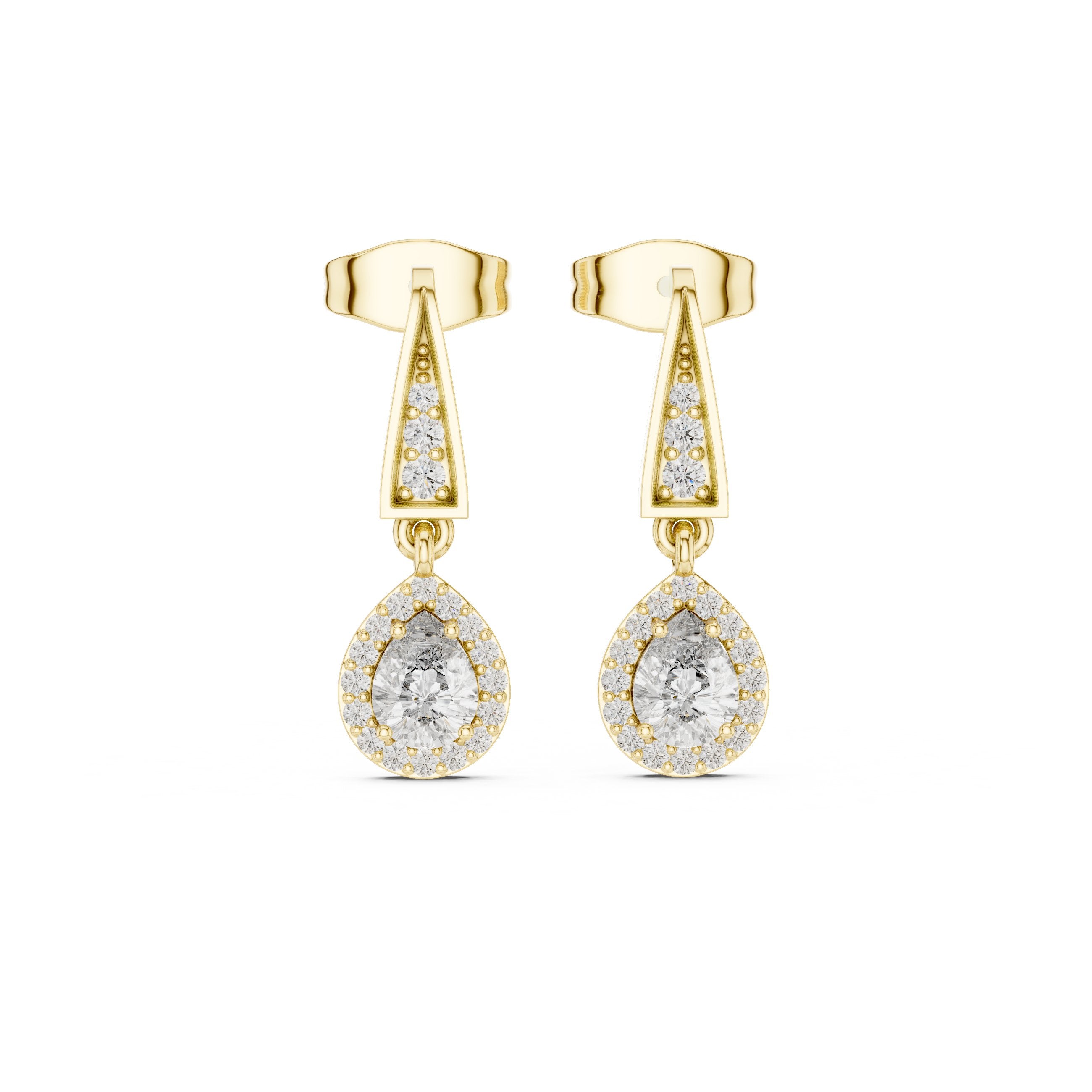 Angular Bail Round Halo Drop Earrings in Yellow Gold - VYKA Diamonds