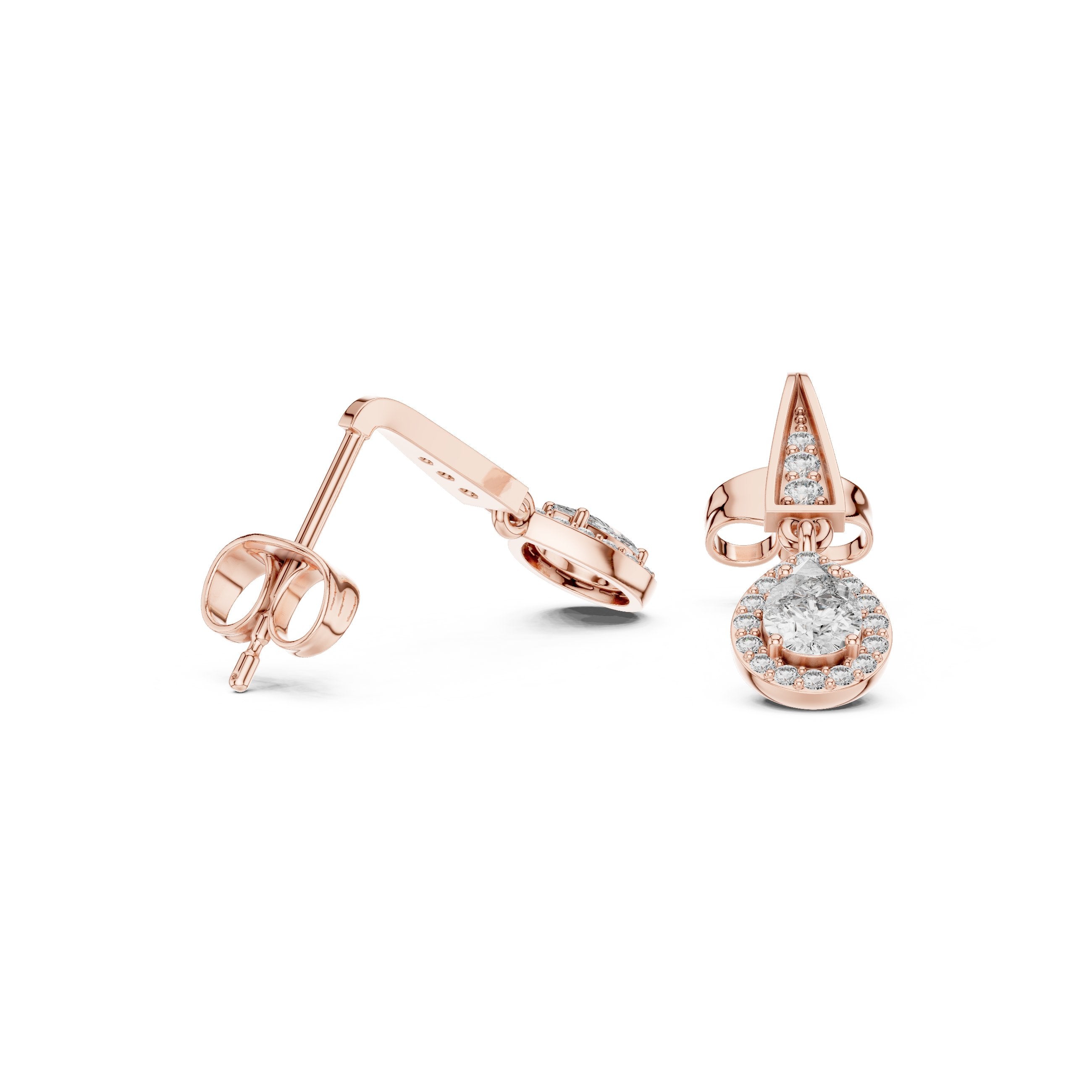 Angular Bail Round Halo Drop Earrings in Rose Gold - VYKA Diamonds