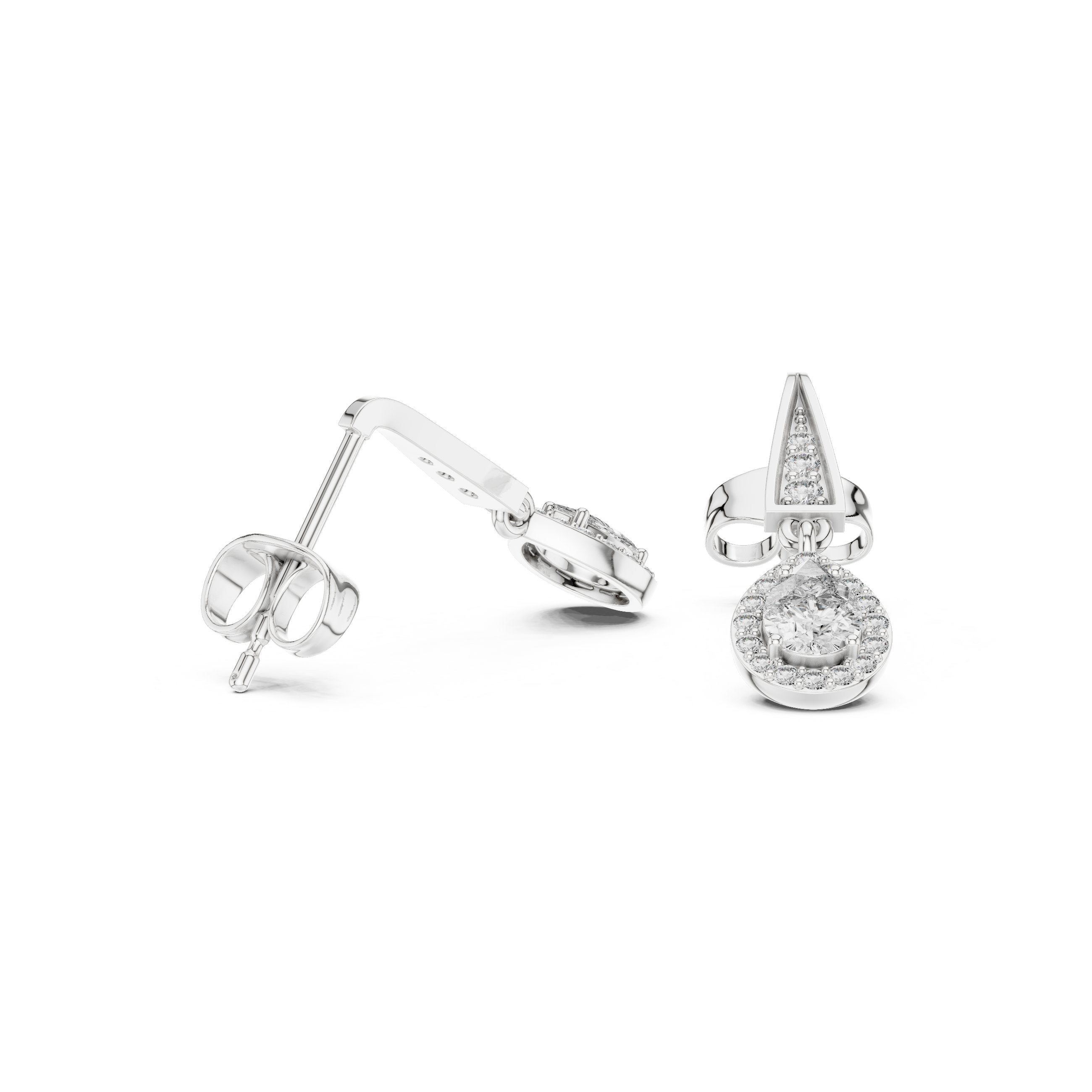 Angular Bail Round Halo Drop Earrings in White Gold - VYKA Diamonds