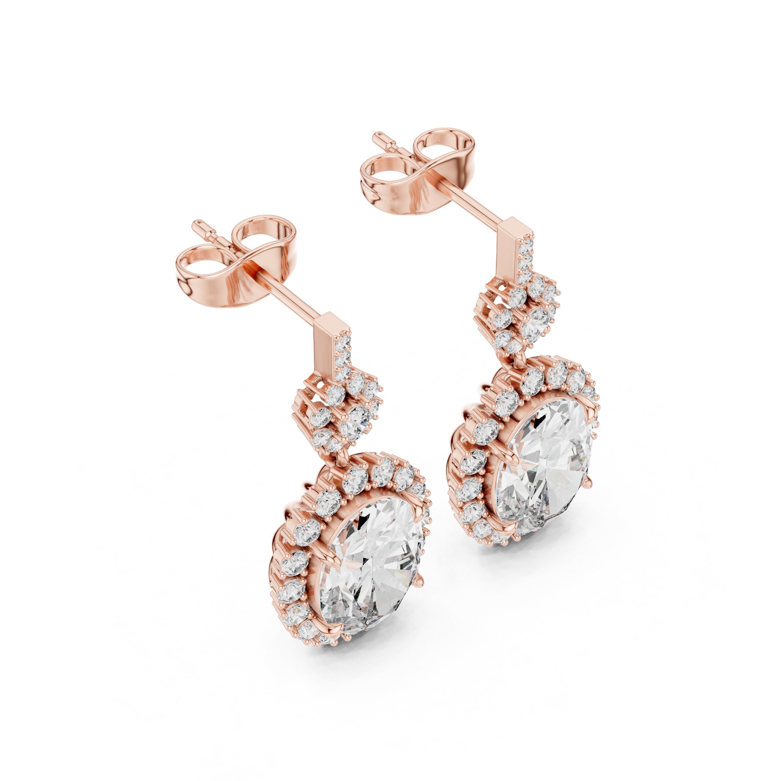 Double Halo Oval Diamond Drop Earrings in Rose Gold - VYKA Diamonds