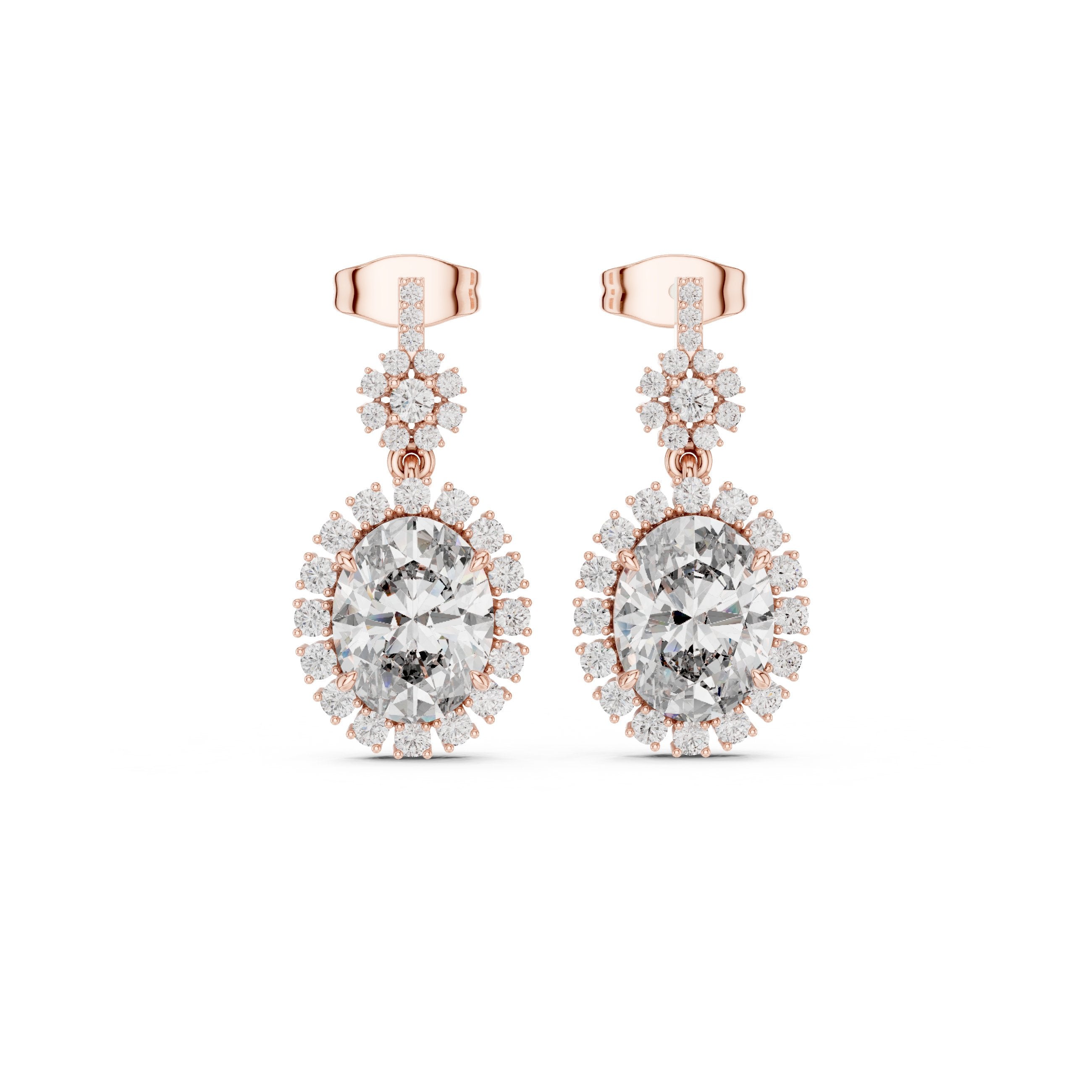 Double Halo Oval Diamond Drop Earrings in Rose Gold - VYKA Diamonds