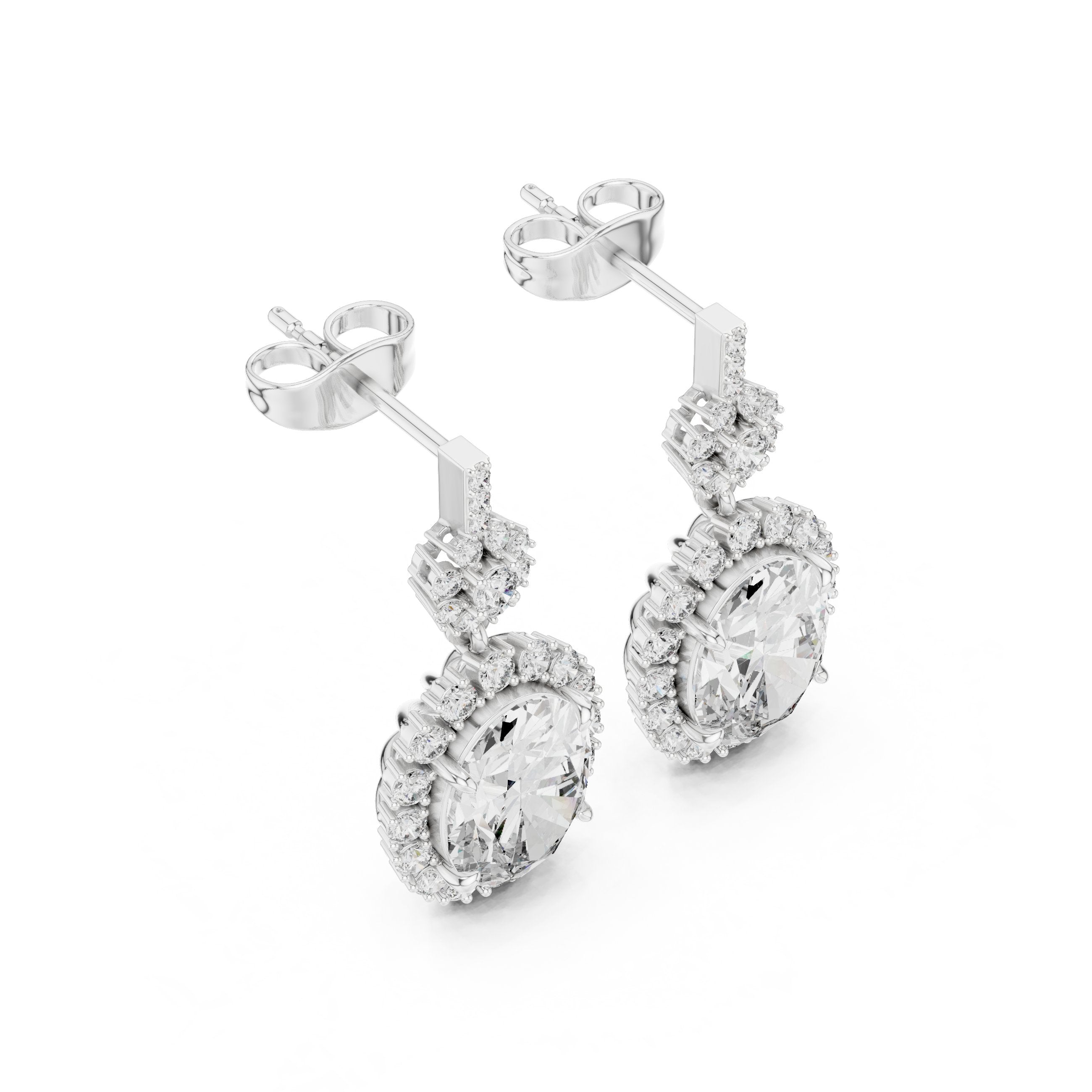 Double Halo Oval Diamond Drop Earrings in White Gold - VYKA Diamonds