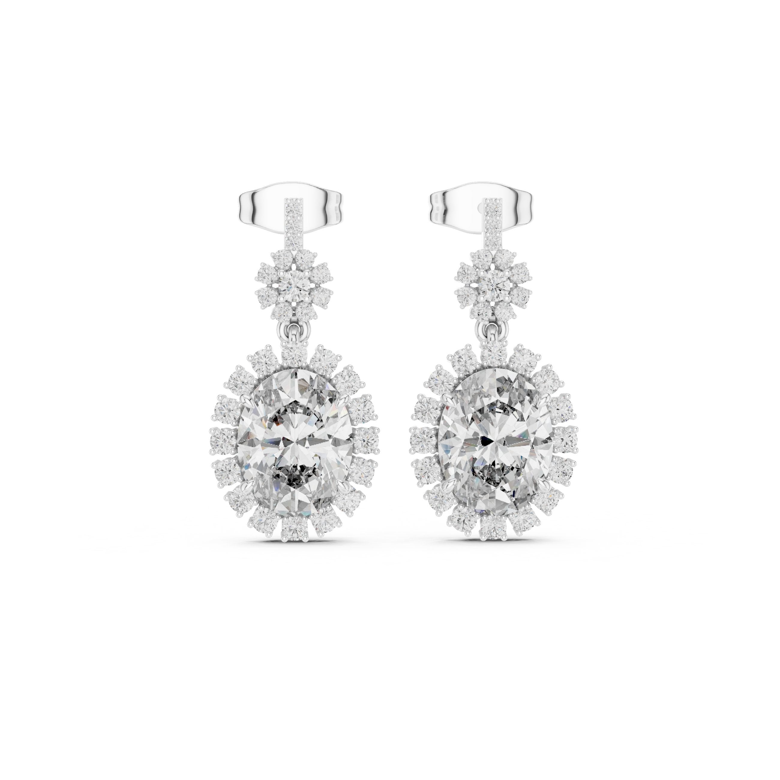 Double Halo Oval Diamond Drop Earrings in White Gold - VYKA Diamonds