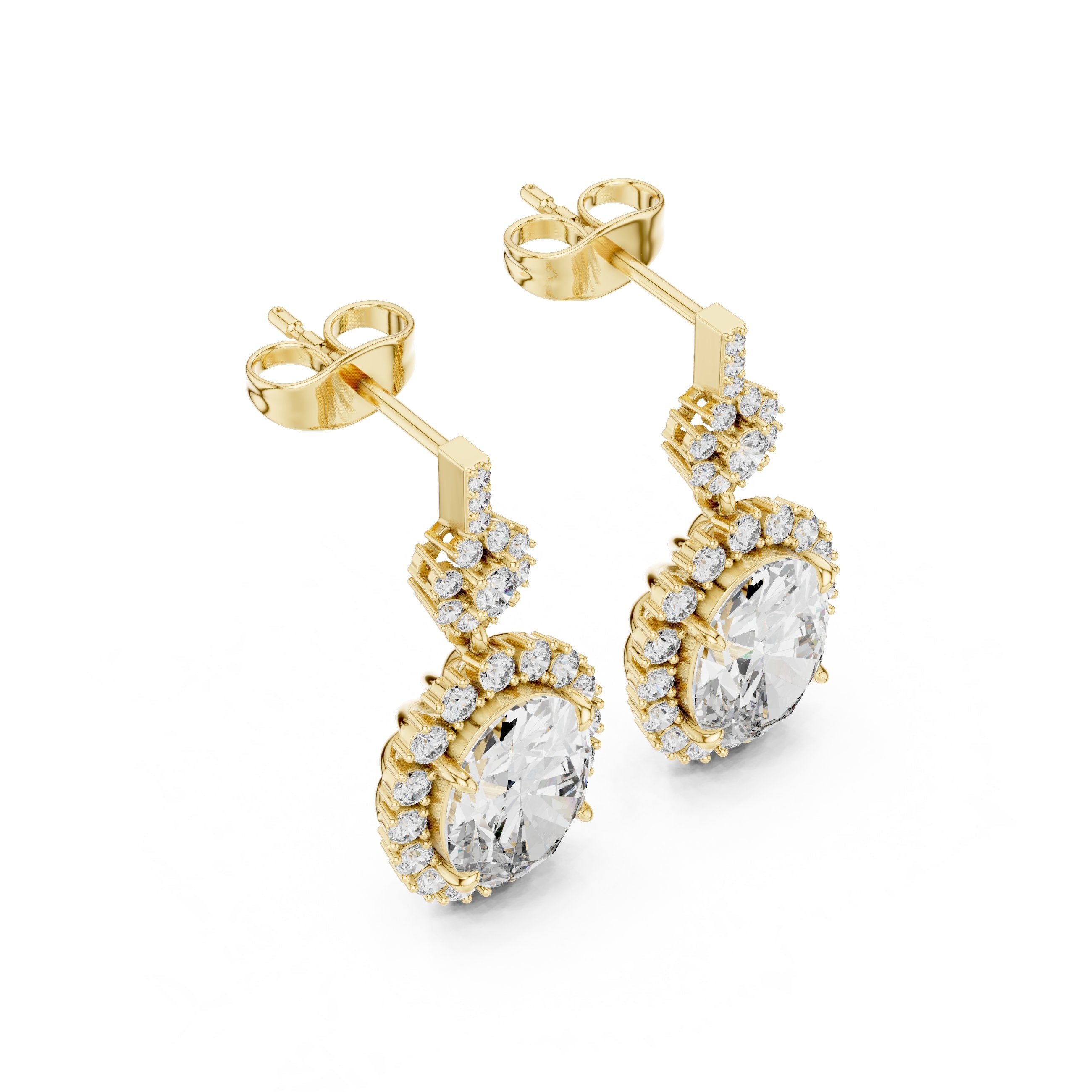 Double Halo Oval Diamond Drop Earrings in Yellow Gold - VYKA Diamonds