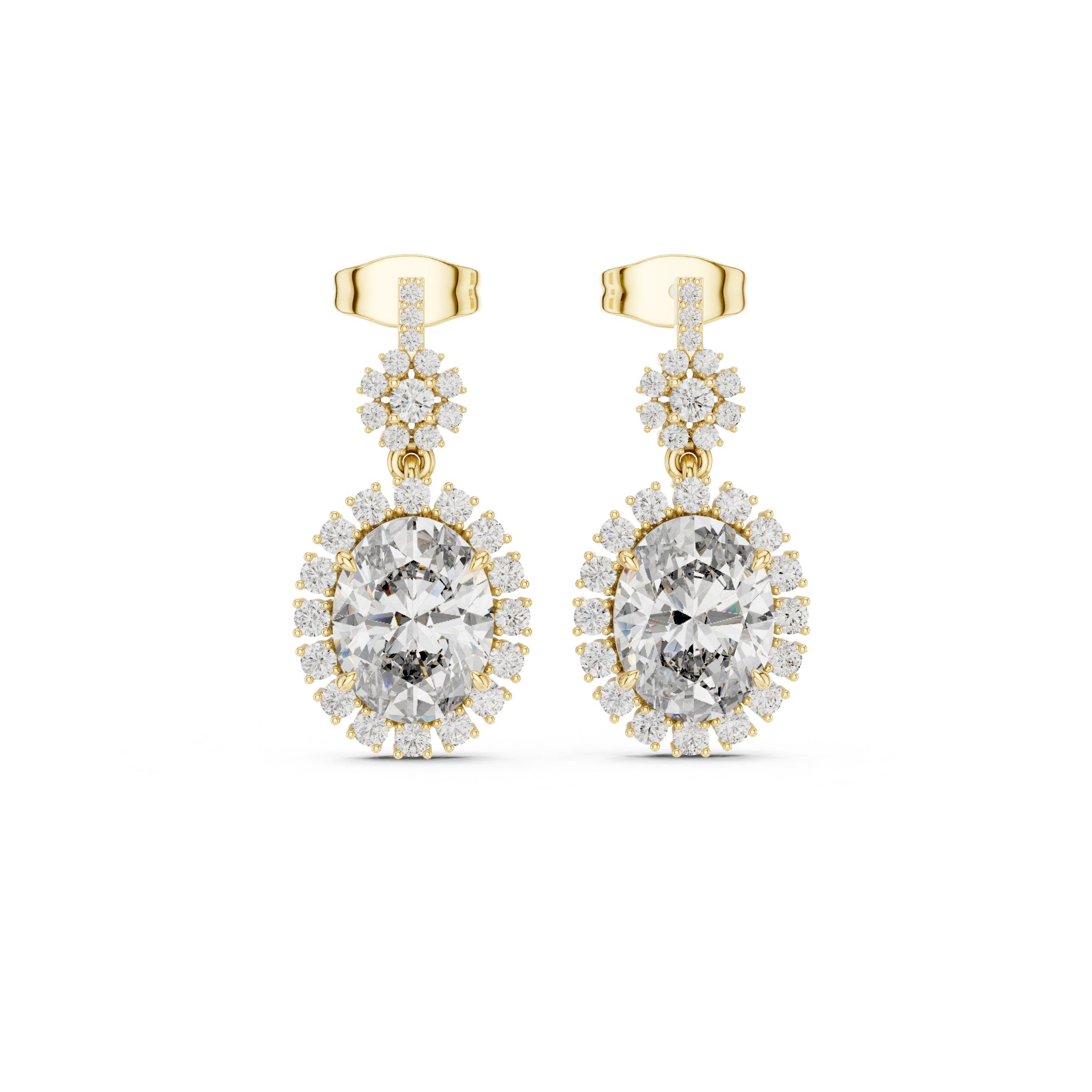 Double Halo Oval Diamond Drop Earrings in Yellow Gold - VYKA Diamonds