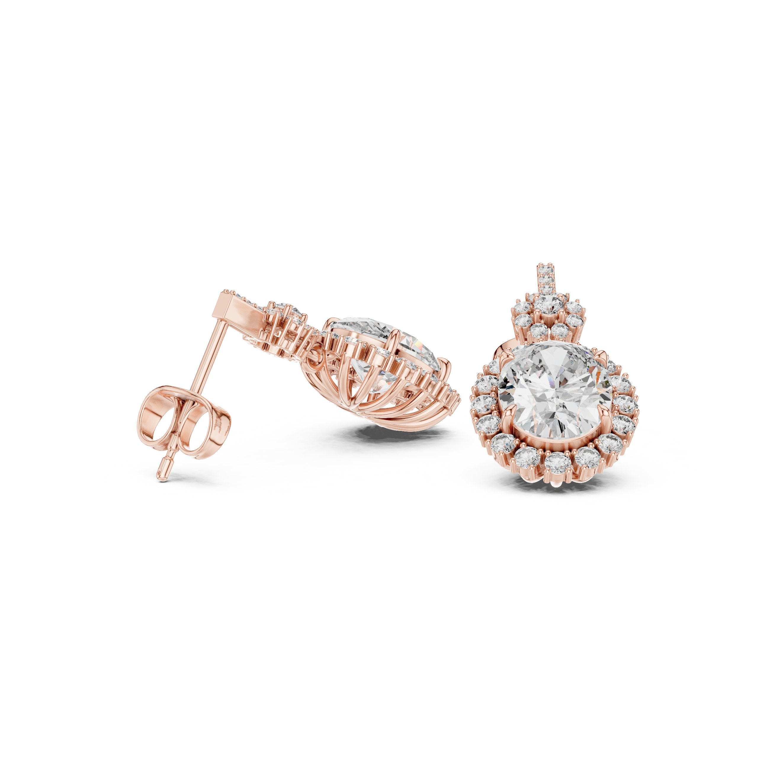 Double Halo Oval Diamond Drop Earrings in Rose Gold - VYKA Diamonds