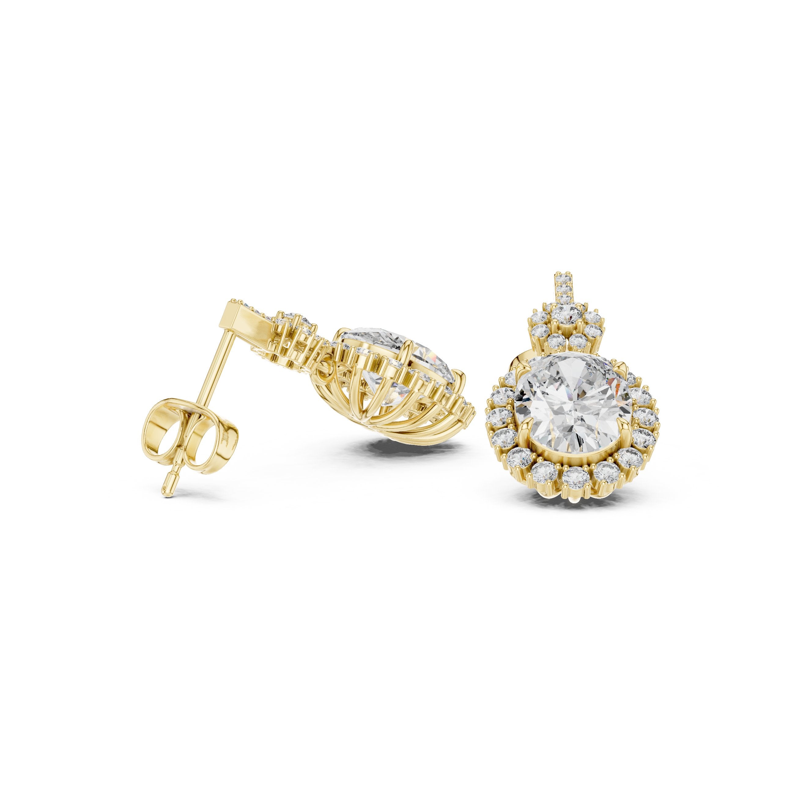 Double Halo Oval Diamond Drop Earrings in Yellow Gold - VYKA Diamonds