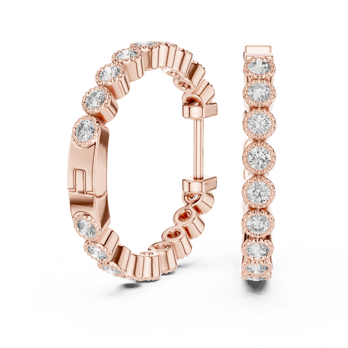 Round Bezel Diamond Huggie Earrings in Rose Gold - VYKA Diamonds