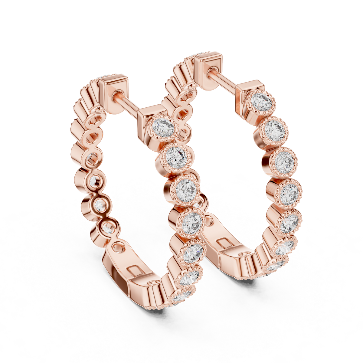 Round Bezel Diamond Huggie Earrings in Rose Gold - VYKA Diamonds