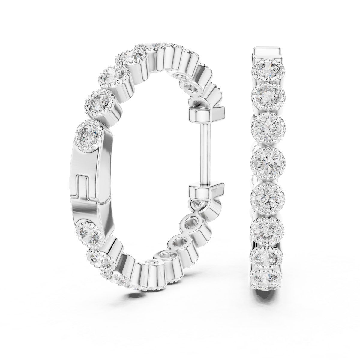 Round Bezel Diamond Huggie Earrings in White Gold - VYKA Diamonds