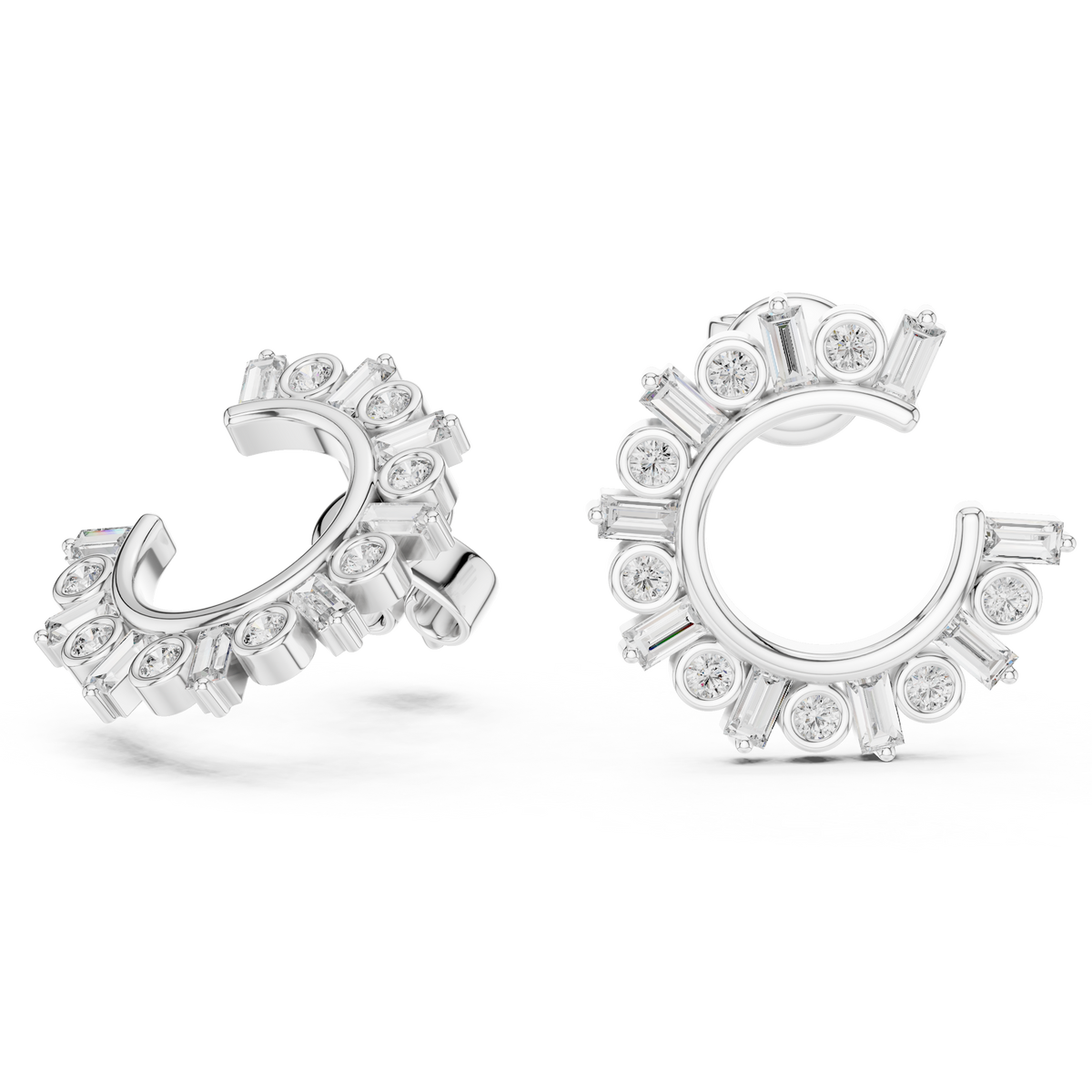 Sunburst Baguette Diamond Earrings in White Gold - VYKA Diamonds