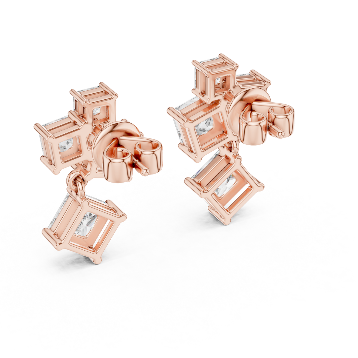 Princess Cut Cluster Drop Earrings in Rose Gold - VYKA Diamonds