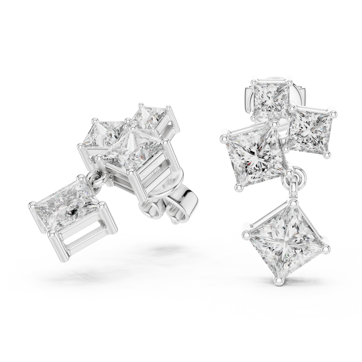 Princess Cut Cluster Drop Earrings in White Gold - VYKA Diamonds