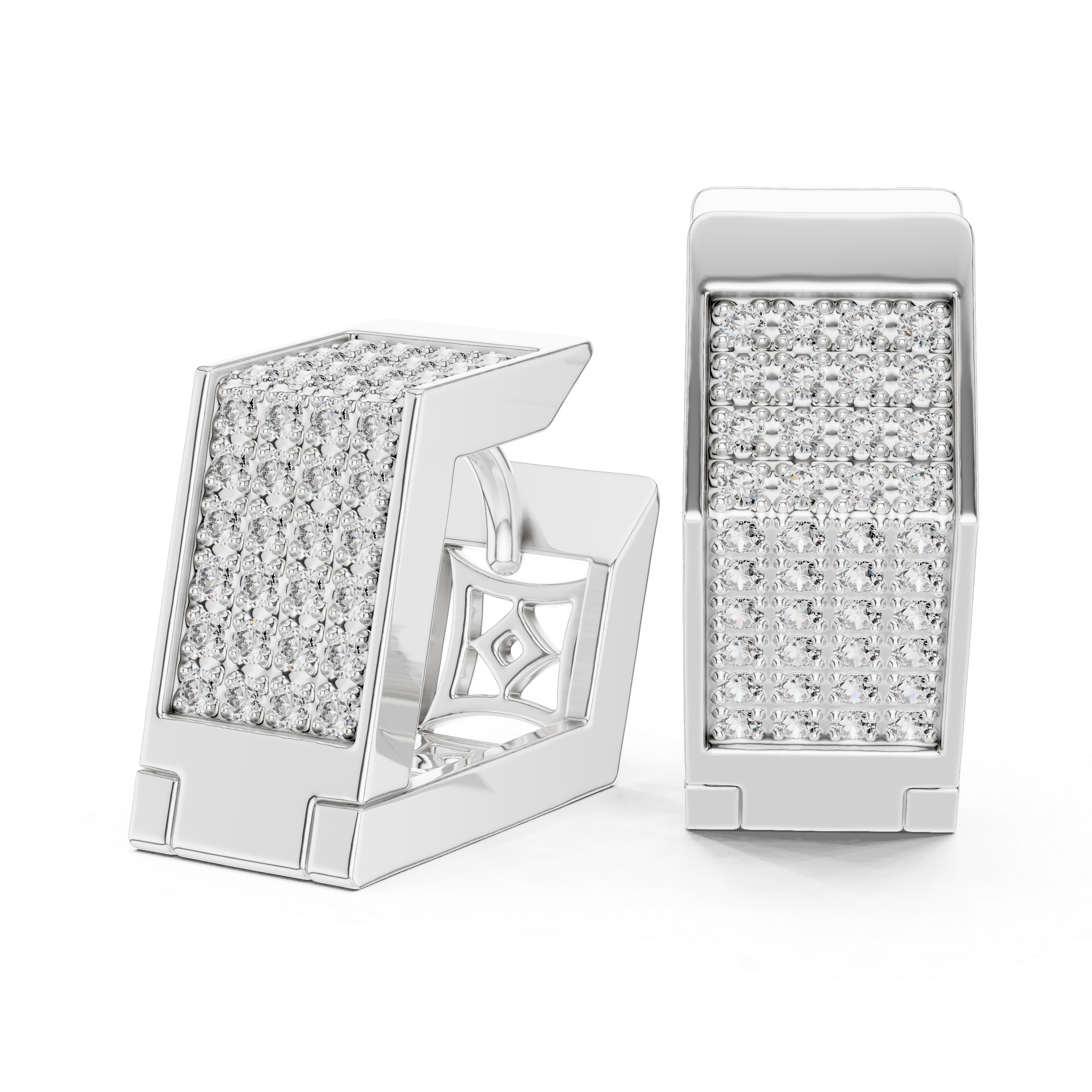 Rectangular Pave Diamond Huggie Earrings in White Gold - VYKA Diamonds