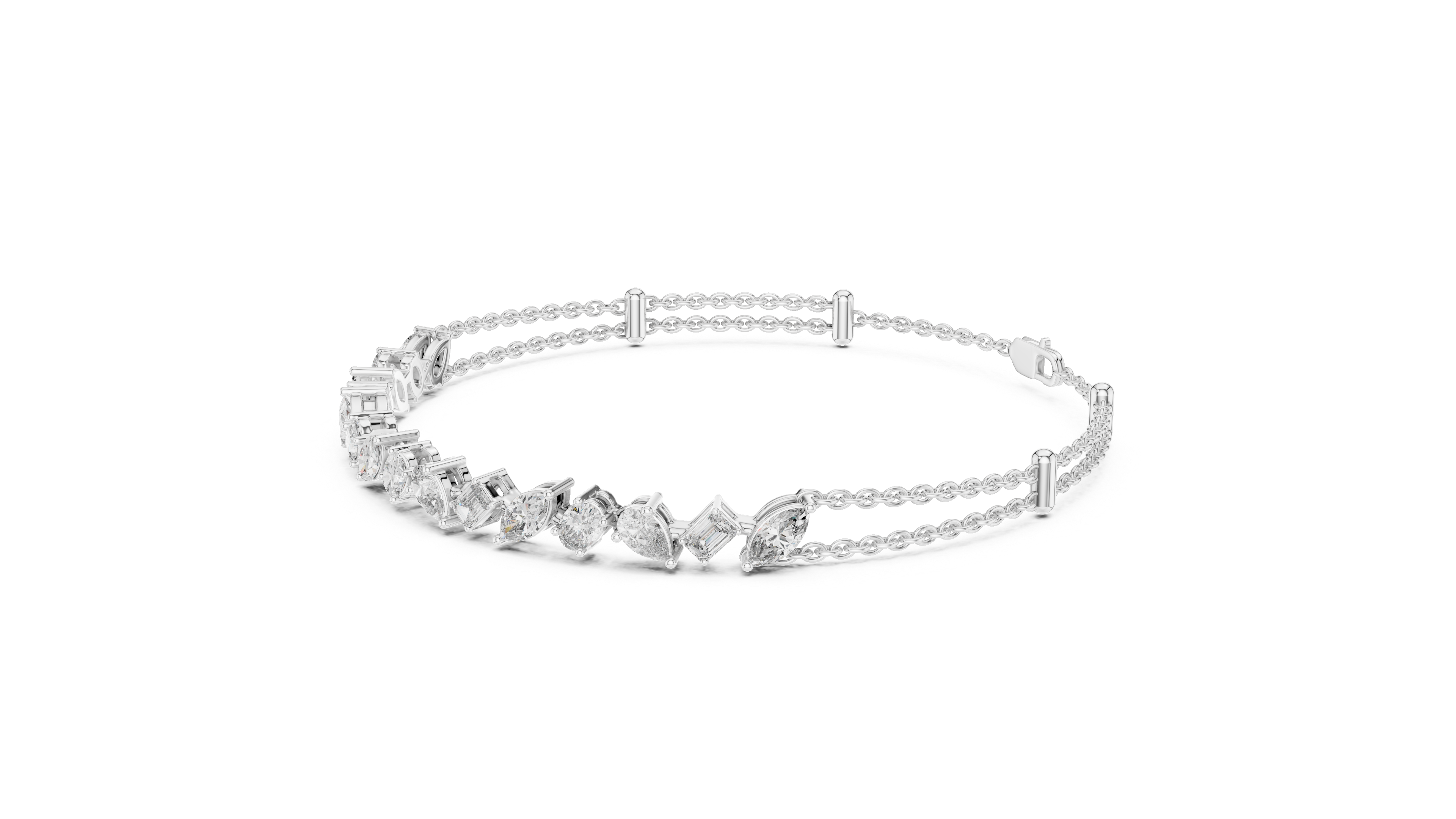 Mixed-Cut Double Chain Bracelet in White Gold - VYKA Diamonds