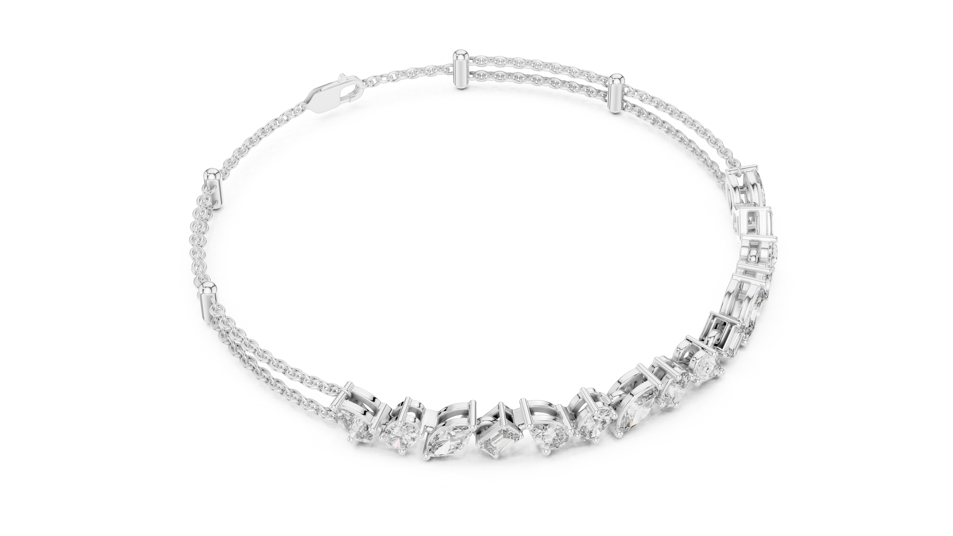Mixed-Cut Double Chain Bracelet in White Gold - VYKA Diamonds