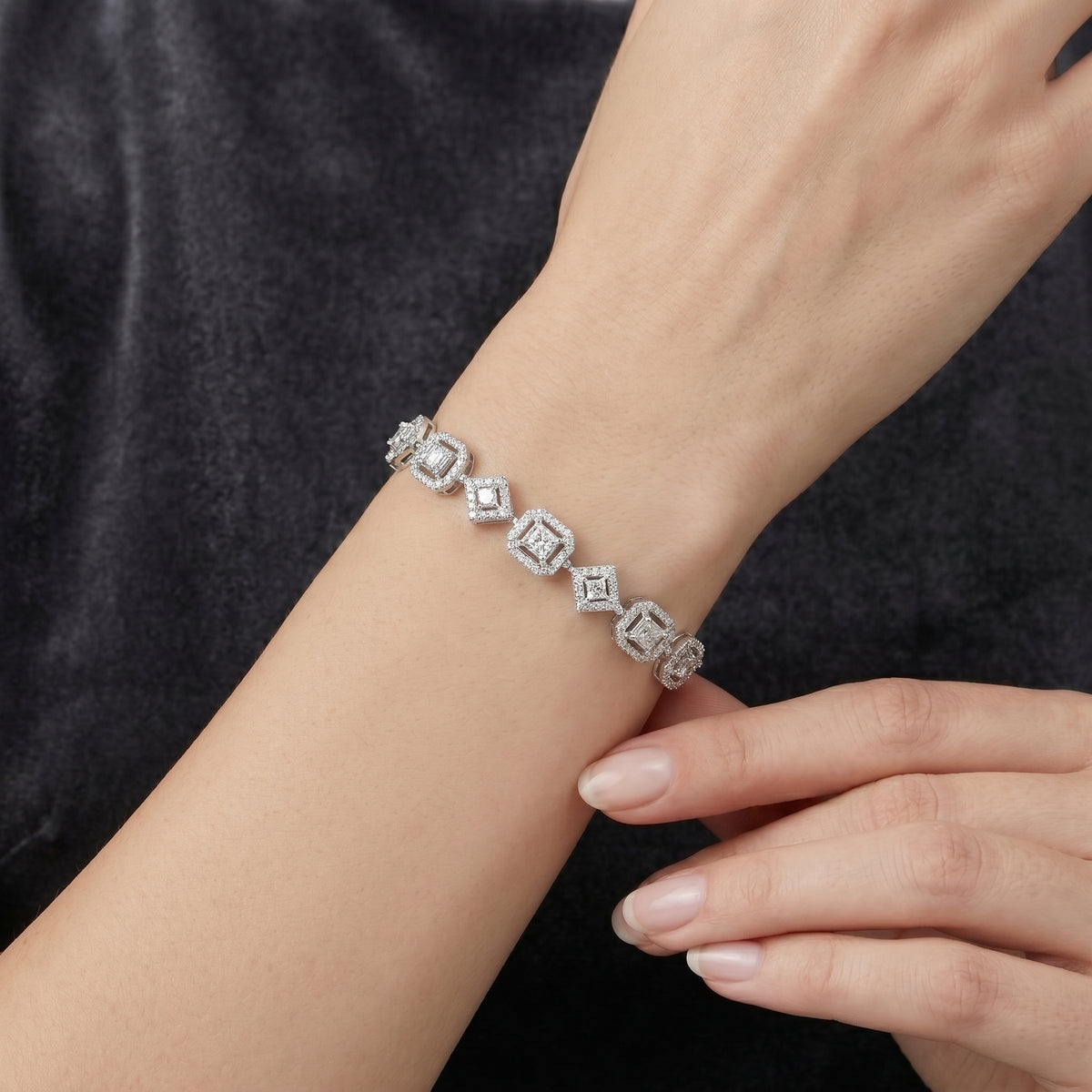 Emerald and Asscher Cut Halo Diamond Bracelet
