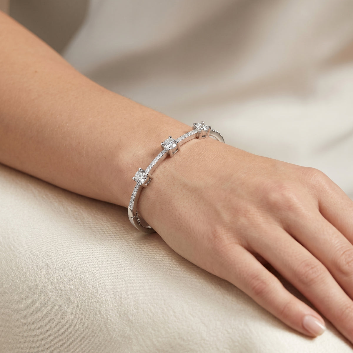 Three Stone Round Diamond Pave Bangle