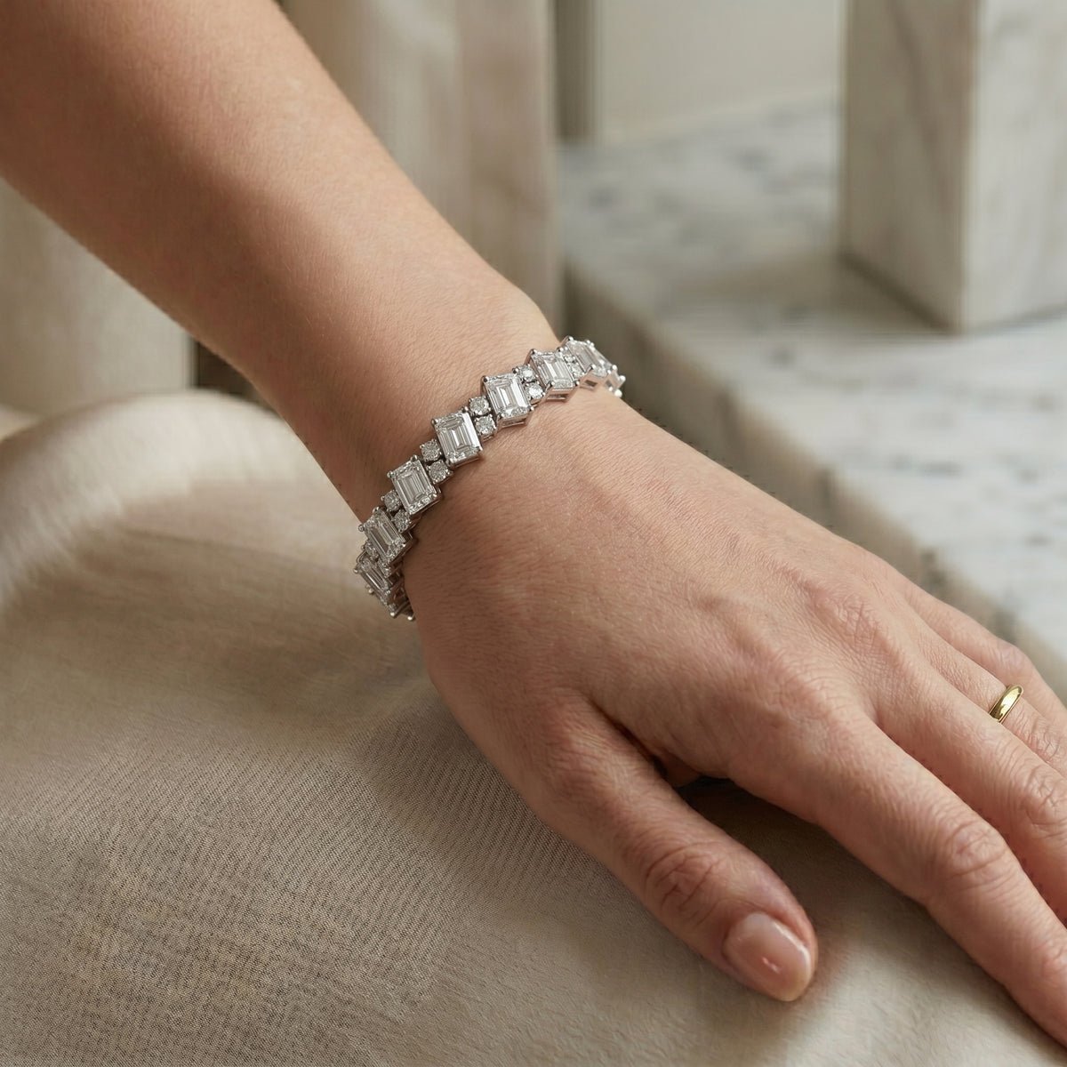 Emerald Cut and Round Diamond Statement Bracelet