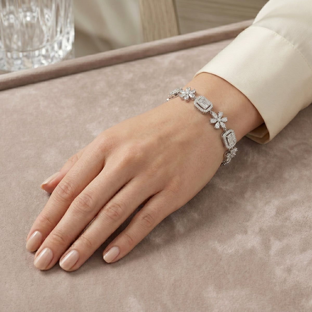 Marquise Flower and Baguette Halo Diamond Bracelet