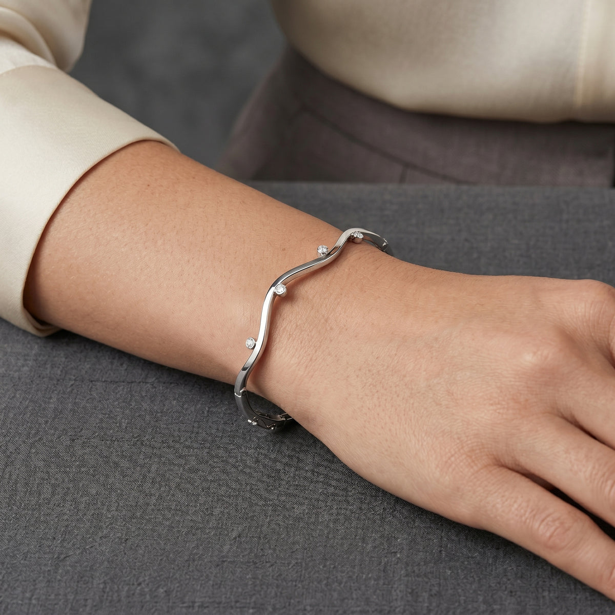 Wave Gold Diamond Station Bangle