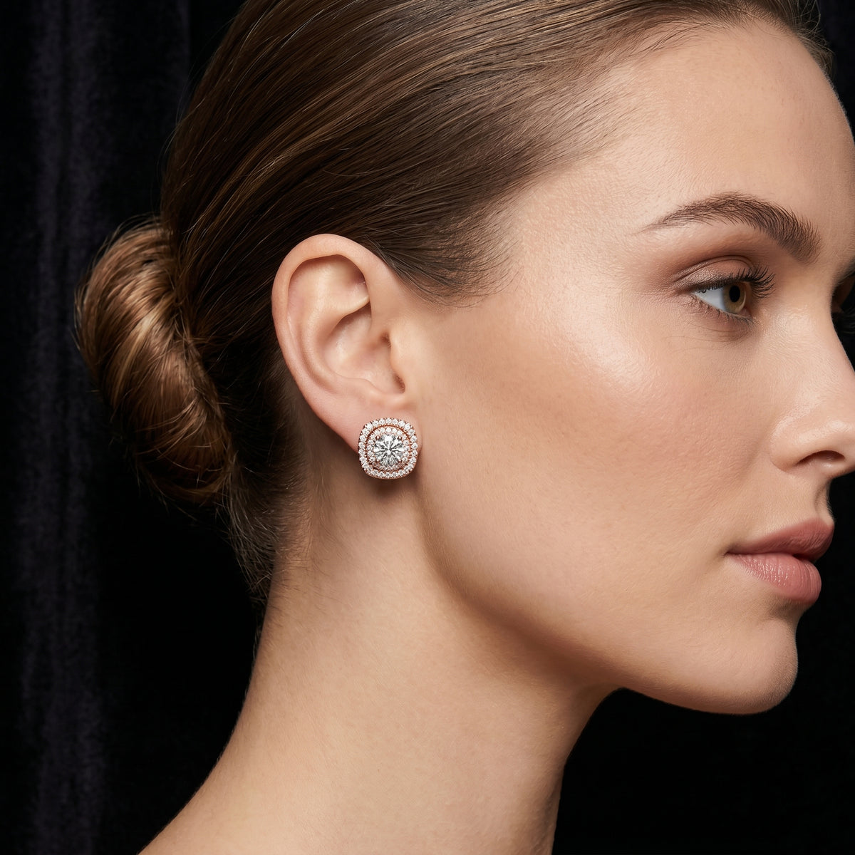 Round Center Cushion Double Halo Diamond Stud Earrings