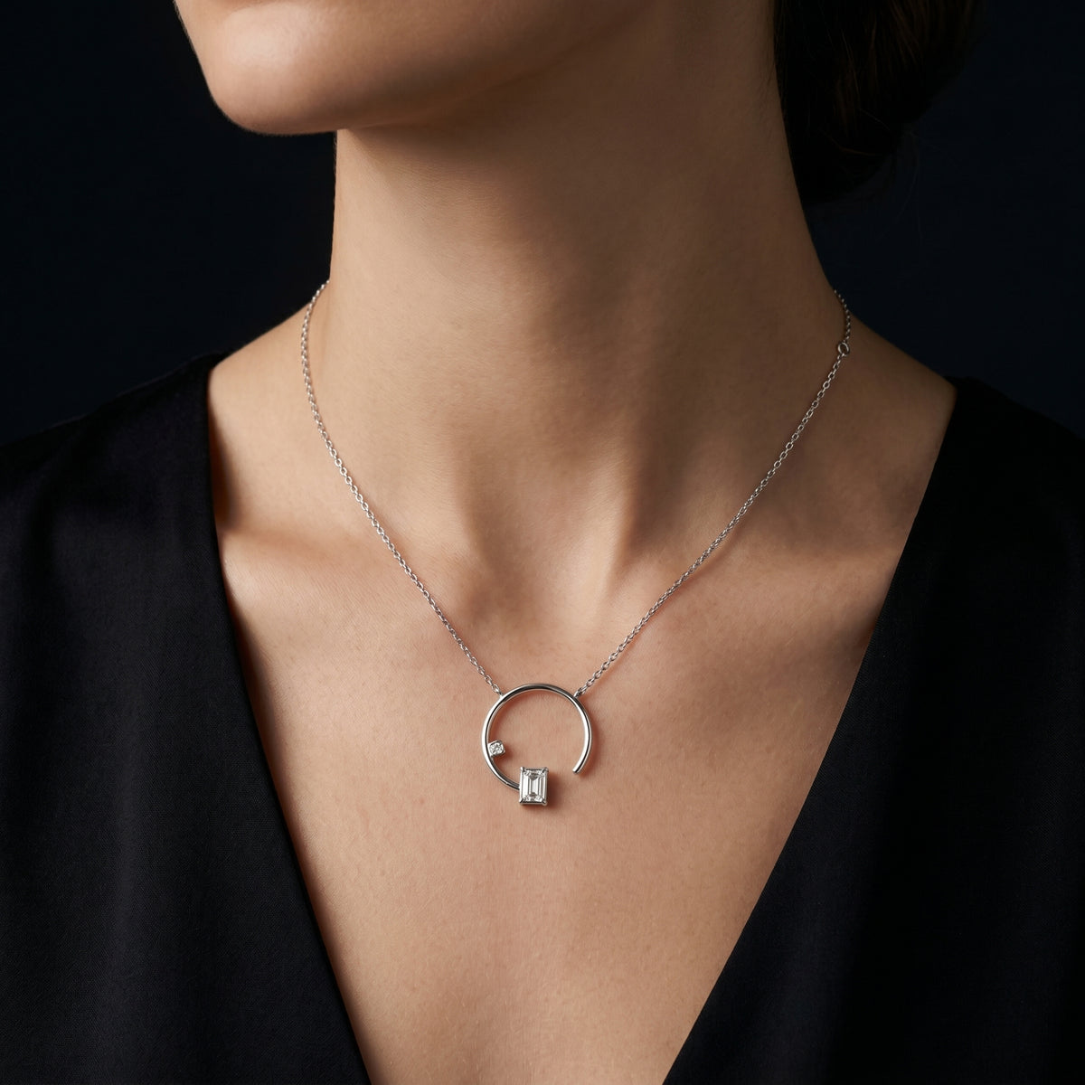 Emerald Cut Open Circle Diamond Necklace