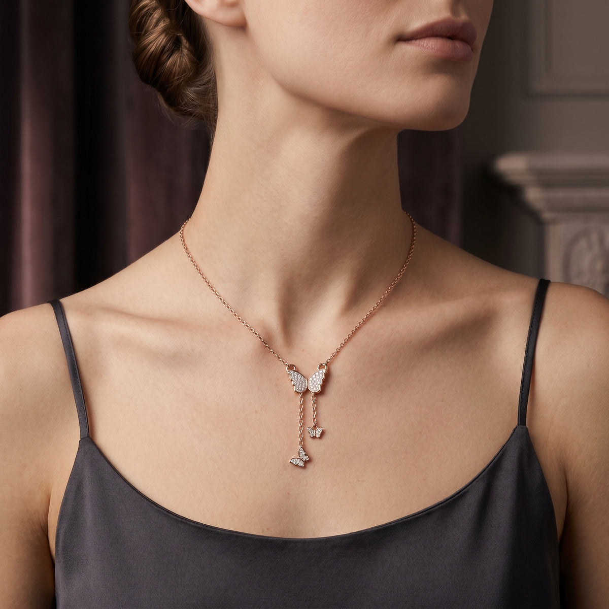 Pave Butterfly Lariat Diamond Necklace