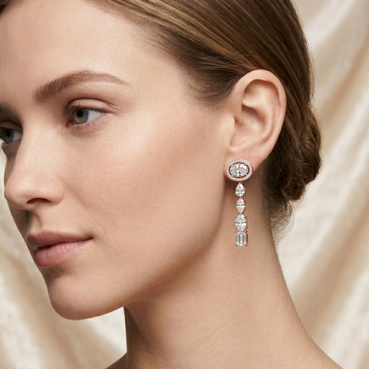 Oval Halo Cascade Drop Earrings