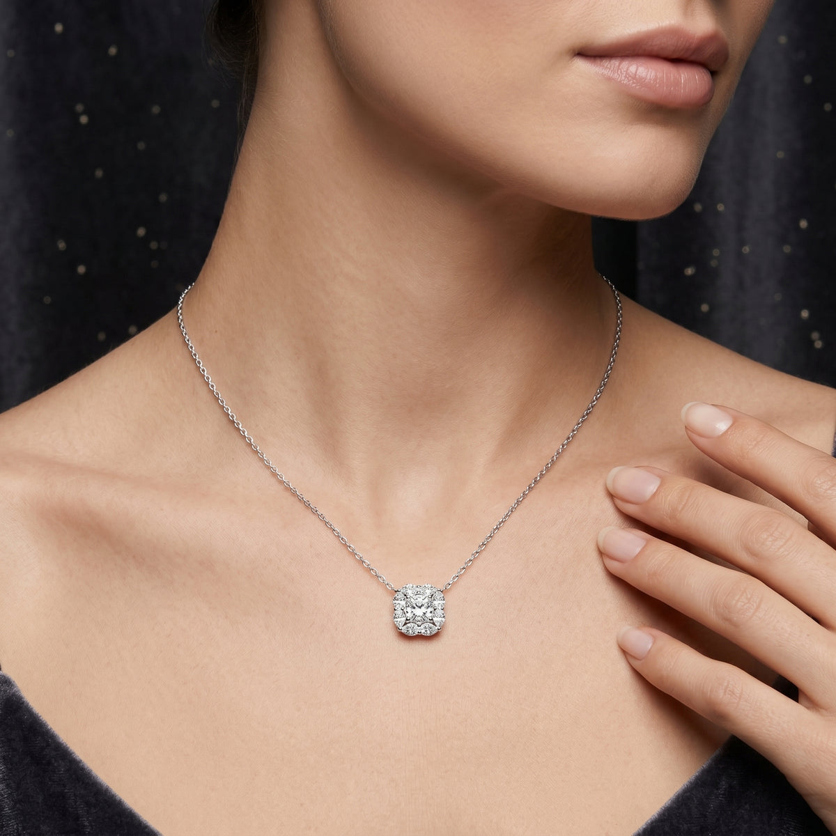 Cushion Cut Pear Halo Diamond Necklace