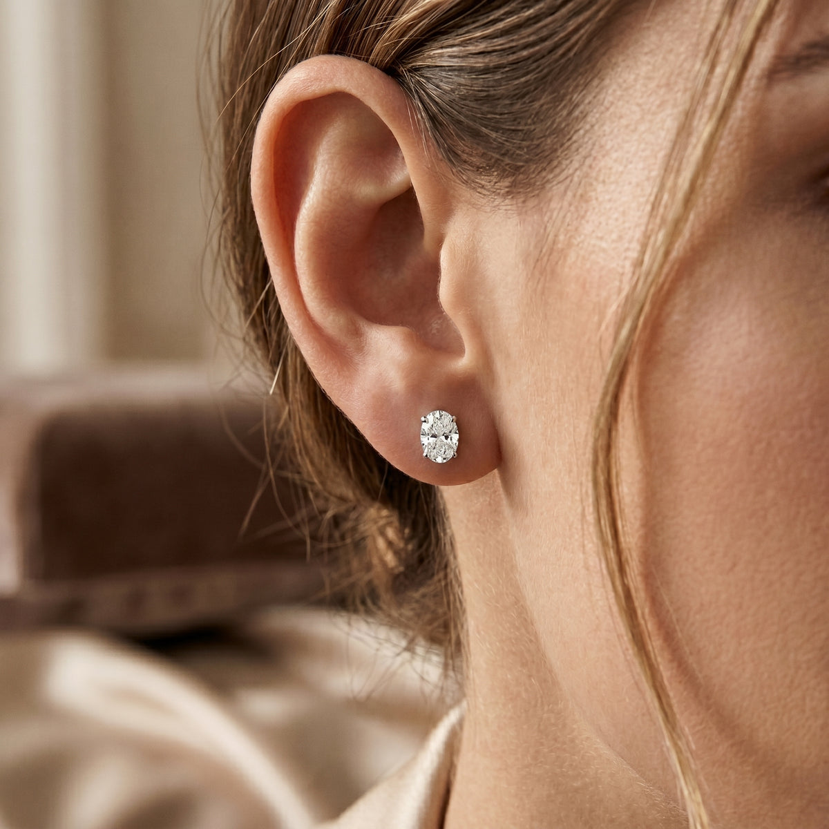 Oval Solitaire Diamond Stud Earrings — lifestyle